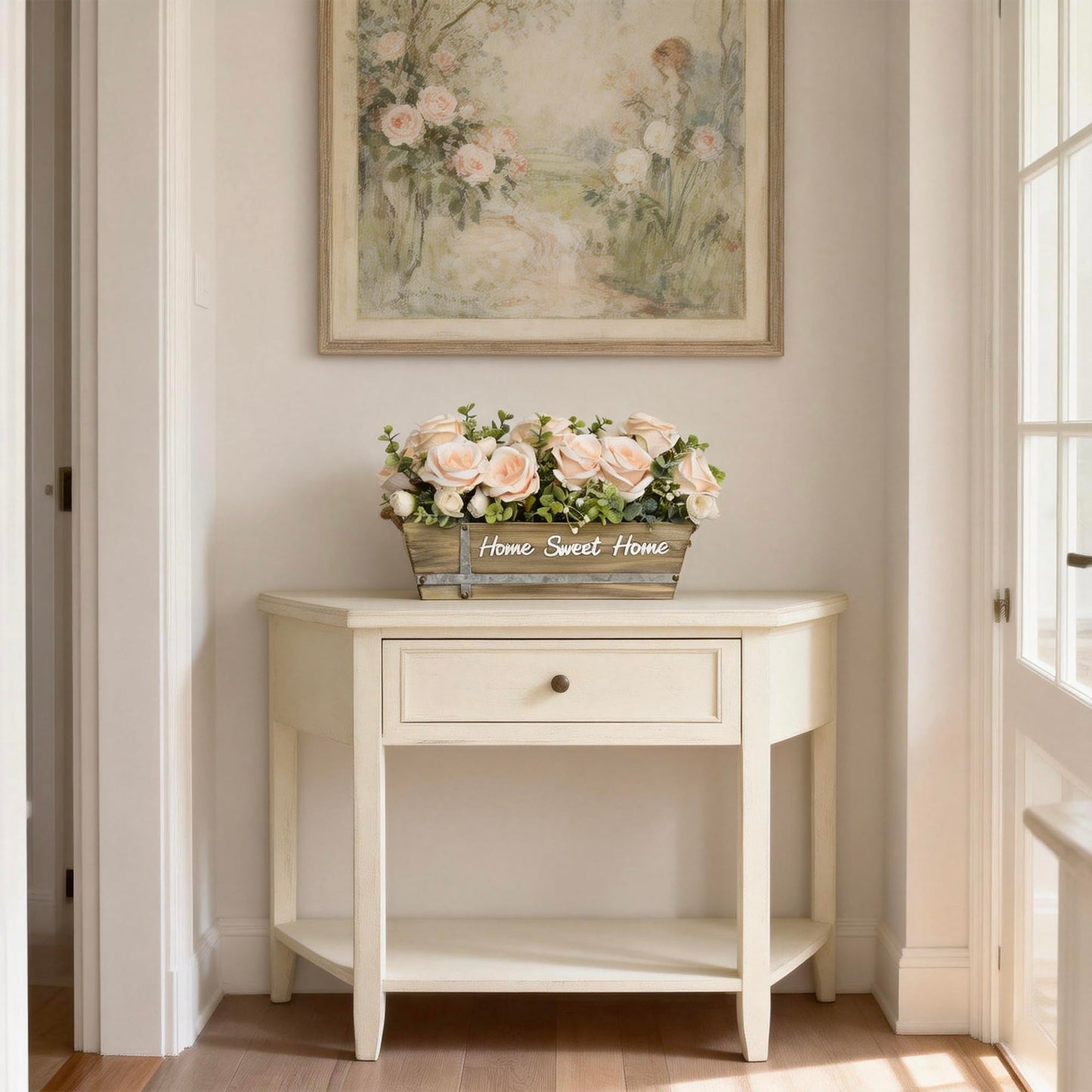 ANMAYNICE Artificial Rose Flower Arrangement with Eucalyptus in Wooden Planter, Faux Flowers Farmhouse Table Centerpiece, “Home Sweet Home” Rustic Home Décor, Champagne