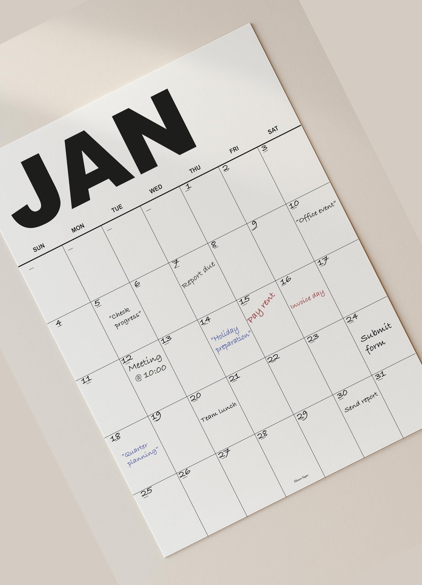 Dry Erase Undated Wall Calendar Planner – Minimal Black Design, Set of 12 A3 Monthly Sheets, Premium Thick Paper, Large Daily Boxes, Glossy Reusable Surface, Packed Flat – Not Folded