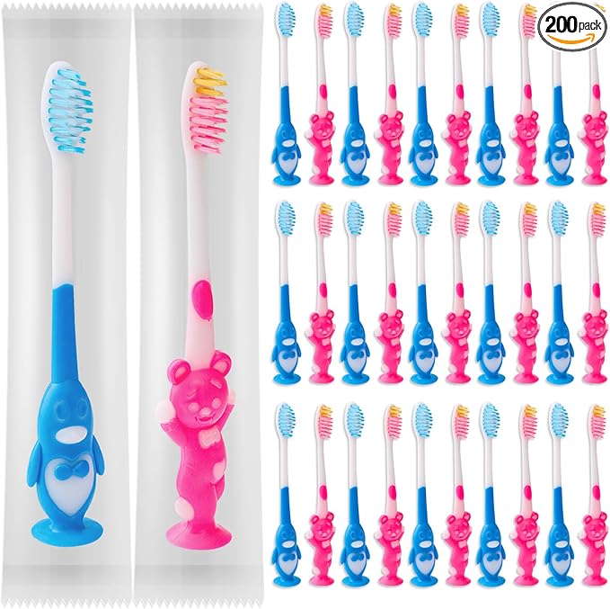 200 pcs Disposable Kids Toothbrushes Individually Wrapped, Toothbrushes for Age 2+ Children Toothbrush Set Soft Bristles Boys Girls Colorful Toothbrush with Suction Cup