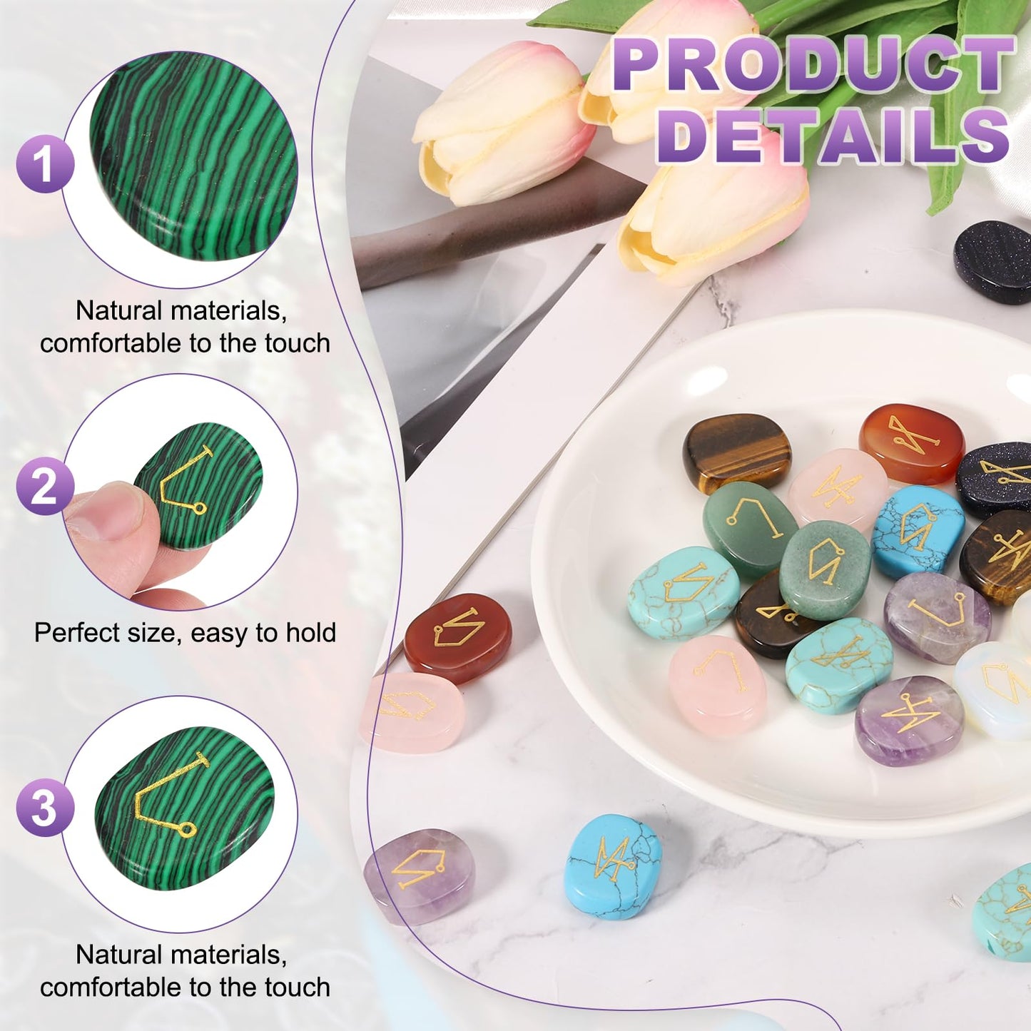 MECCANIXITY 4Pcs Engraved Chakra Stones with Reiki Symbols, Malachite Reiki Healing Crystal Gemstone 7 Chakra Crystal Stones Tumbled Palm Stone for Anxiety Relieve