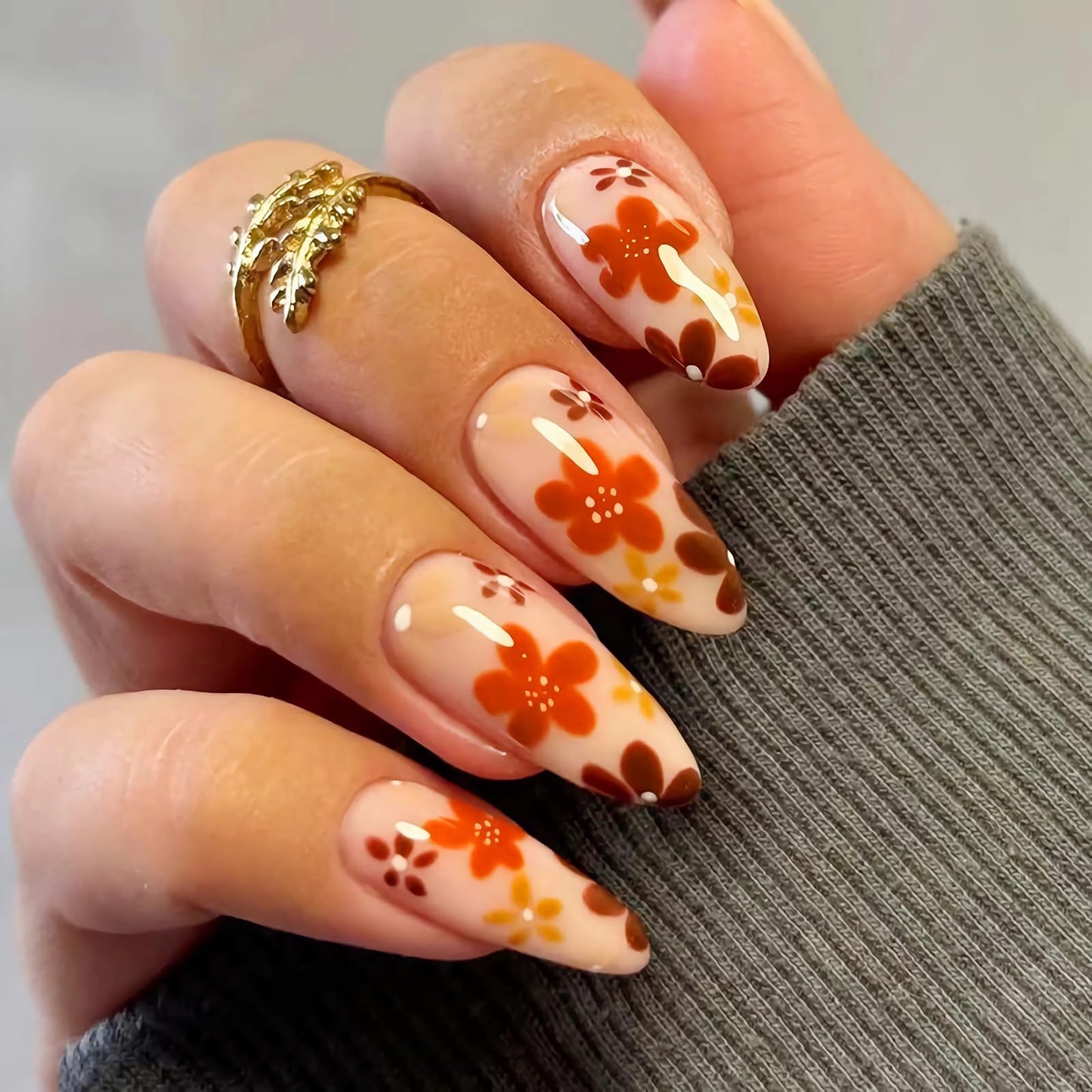 MISUD Press on Nails - Medium Almond Glue on Nails with Fall Brown, Acrylic Autumn Flower Design 24 pcs
