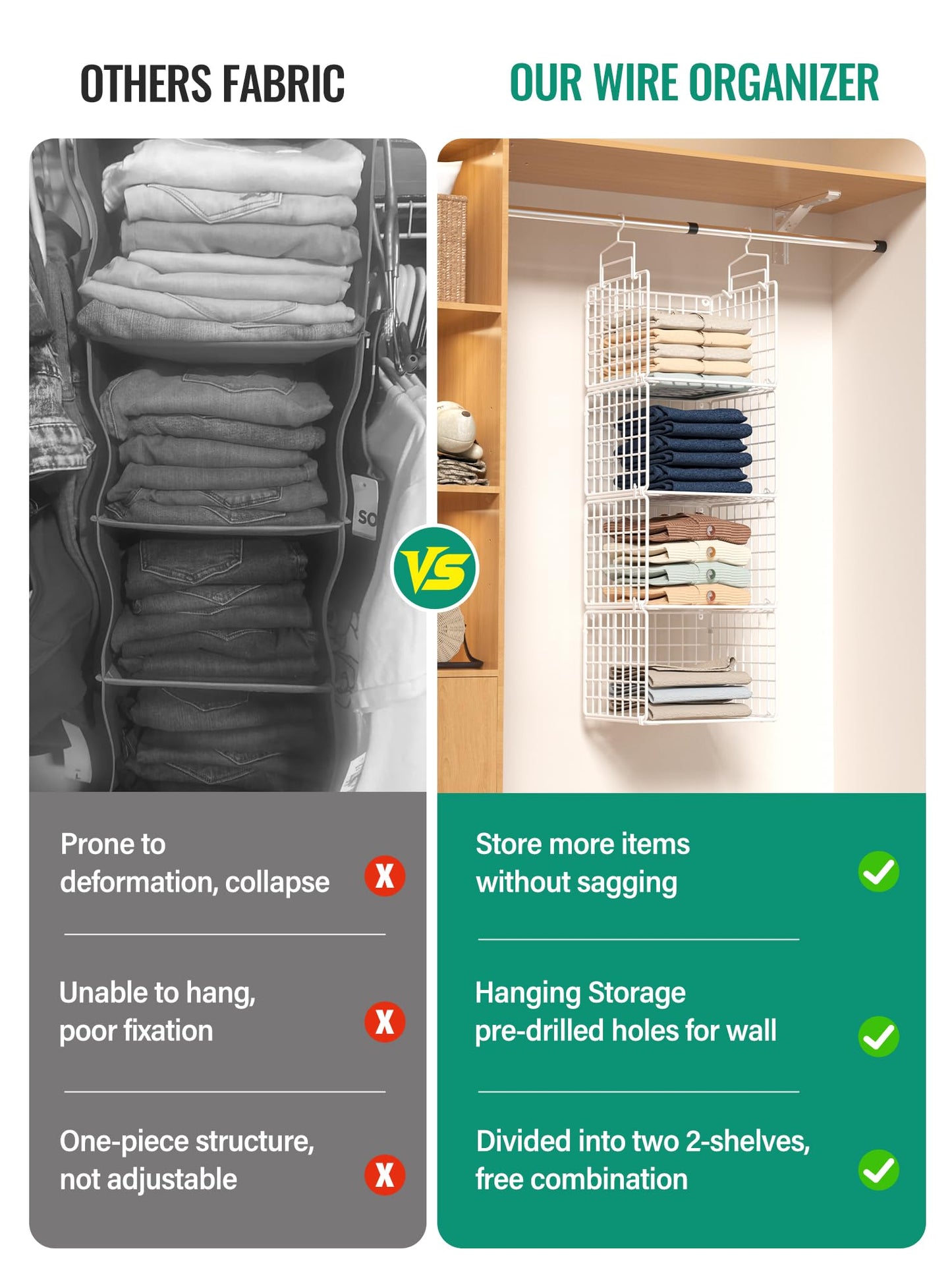 Orapoke Hanging Closet Organizer, 4 Tier Metal Closet Organizers and Storage with 4 Hanging Hooks 4 S-Hooks for Wardrobe Laundry Room, Wire Storage Shelf for Clothes Sweaters Pants (White)