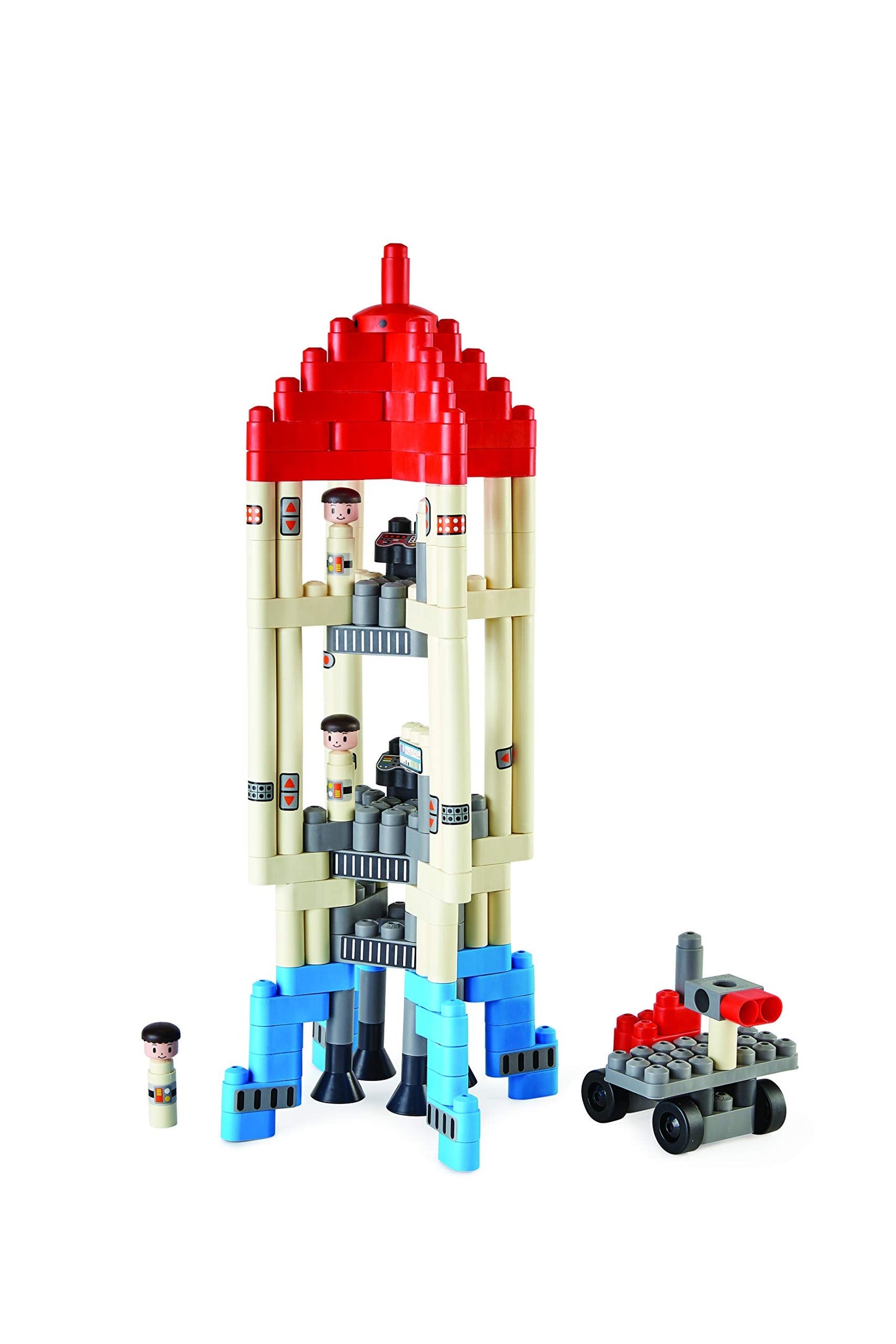 Hape PolyM Space Adventure Rocket Construction Kit | 138 Piece Building Brick Toy Play Set for Kids - Figurines and Accessories Included