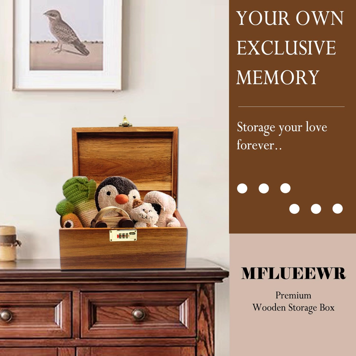 MFLUEEWR Large Wooden Box with Hinged Lid with Combination Lock,Wood Storage Box Decorative Lockable Chest for Keepsakes, Valuables, Accessories, Treasured Items(Code No Grid)
