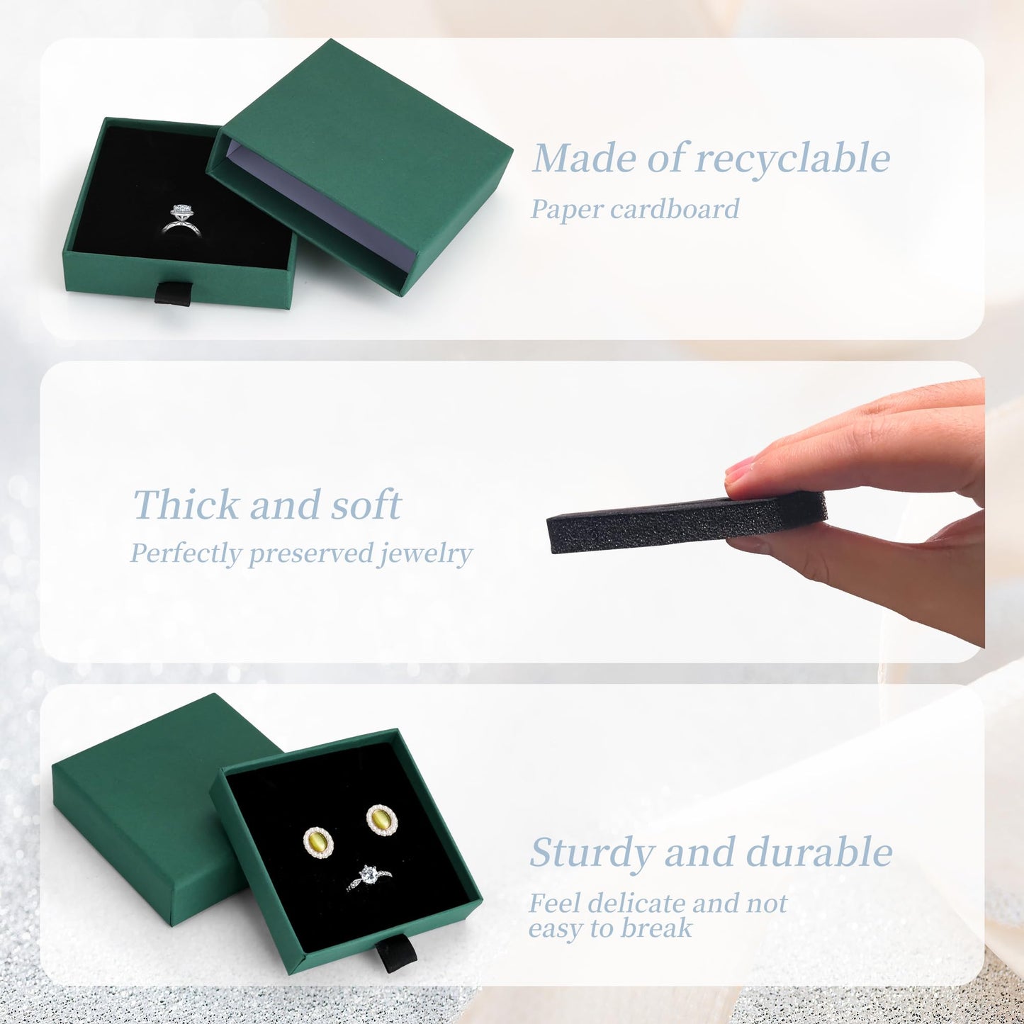 MATUFF Jewelry Boxes, 10 Pack 3.5" × 3.5" x 1" Bulk Sponge Fill Cardboard Jewelry Gift Boxes, Drawer Style Small Gift Boxes for Necklace Pendant Bracelet Ring Earring Display and Storage, Dark green