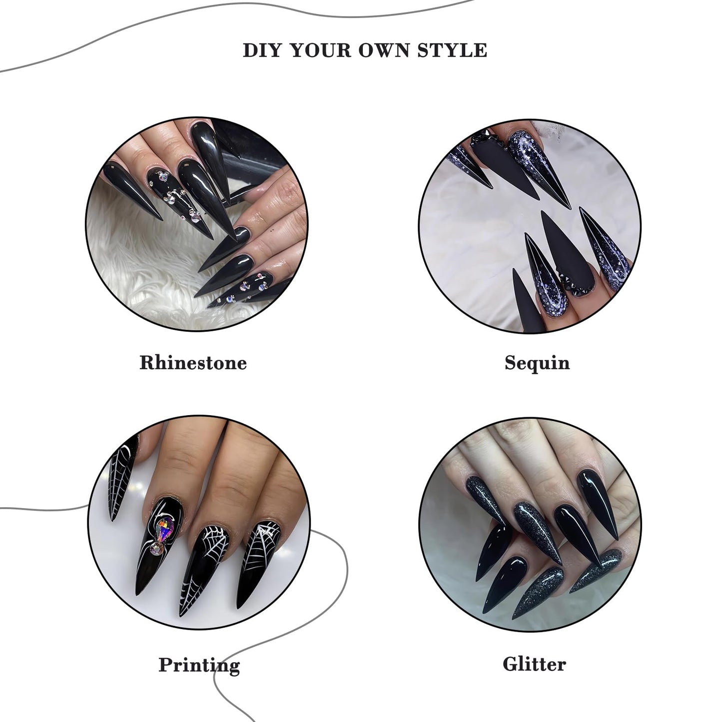 IMSOHOT Stiletto Press on Nails Extra Long Fake Nails All Black Glossy False Nails with Designs Full Cover Solid Color Acrylic Almond Glue on Nails for Women 24Pcs
