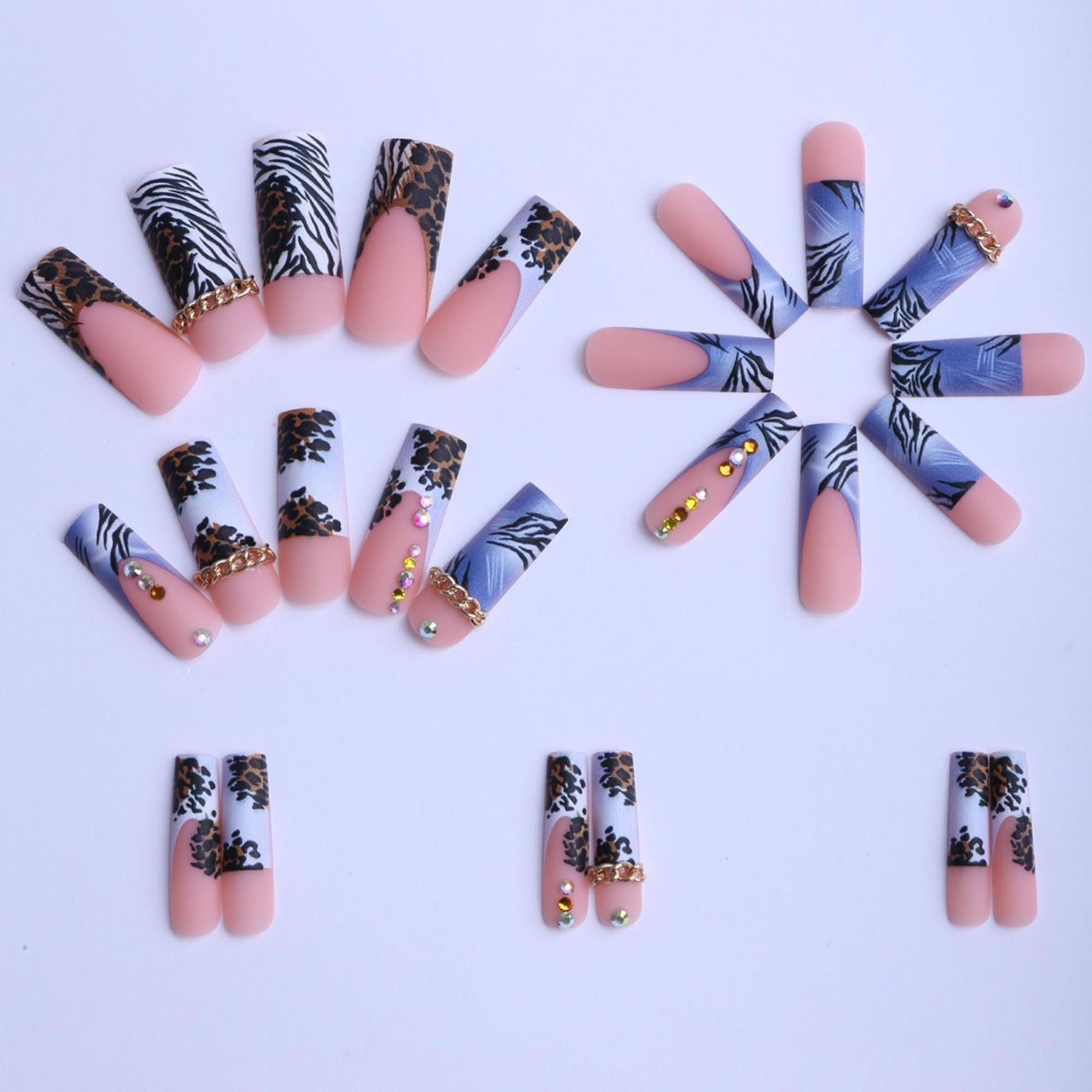 SEENEEY Long Press on Nails Square Fake Nails Blue Artificial Nail French Rhinestones and Leopard Designs Stick on Nail for Women 24pcs