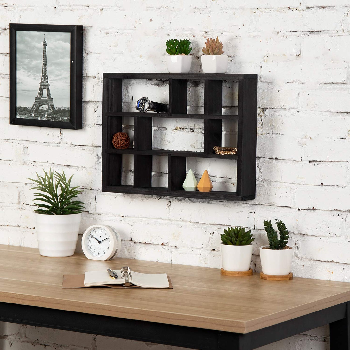 MyGift 9 Compartment Vintage Solid Wood Shadow Box, Wall Mountable Curio Display Case, Freestanding or Floating Shelf for Collectible Figurines, Succulents (Matte Black)