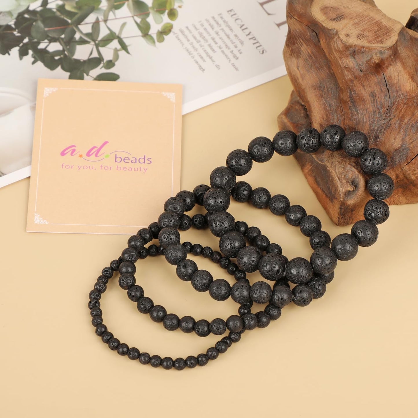 AD Beads Handmade Gemstone Stretch Elastic Bracelet Crystal Healing Reiki Nature's Beauty and Spiritual Essence Unisex (10mm, Black Lava (Warmth Generator))