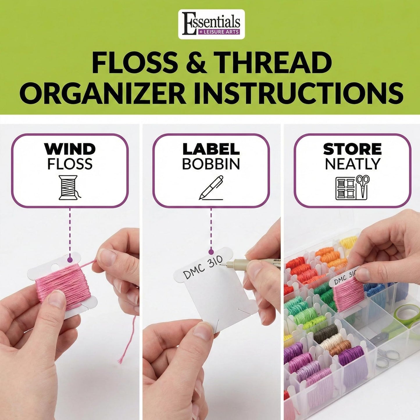 Essentials By Leisure Arts Embroidery Floss Organizer Box with 100 Bobbins, 17 Compartment Clear Storage Case with Living Hinge, Tangle Free Floss Storage, 10.63 x 7.19 x 1.75 Inch