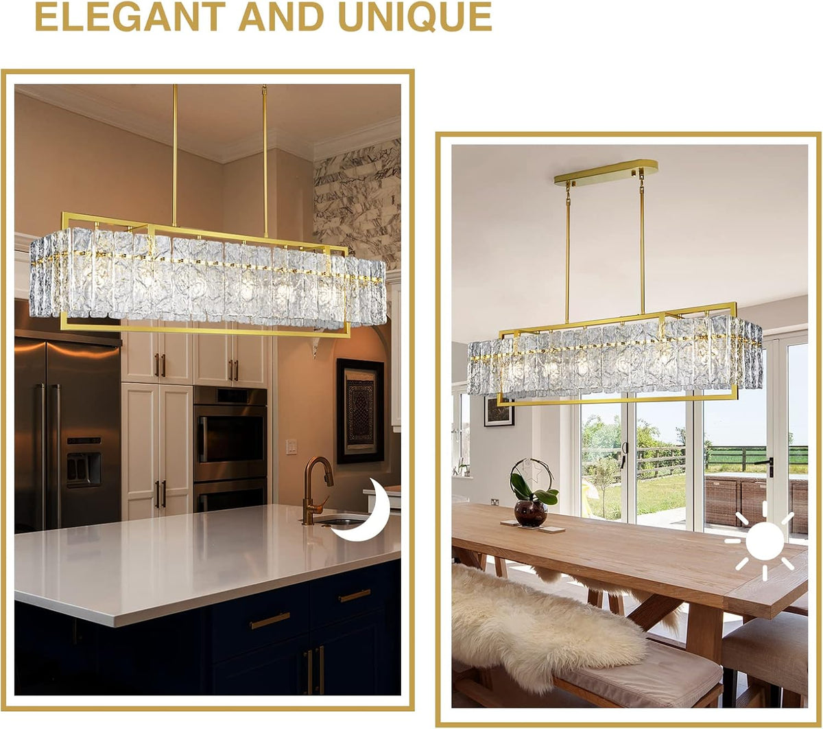IKK Modern Rectangle Gold Crystal Chandeliers for Dining Room, 42" Large Rectangular Water Ripple Glass Island Light Fixture, Elegant Linear Lighting for Kitchen Island, Living Room, L42 x W11 x H12