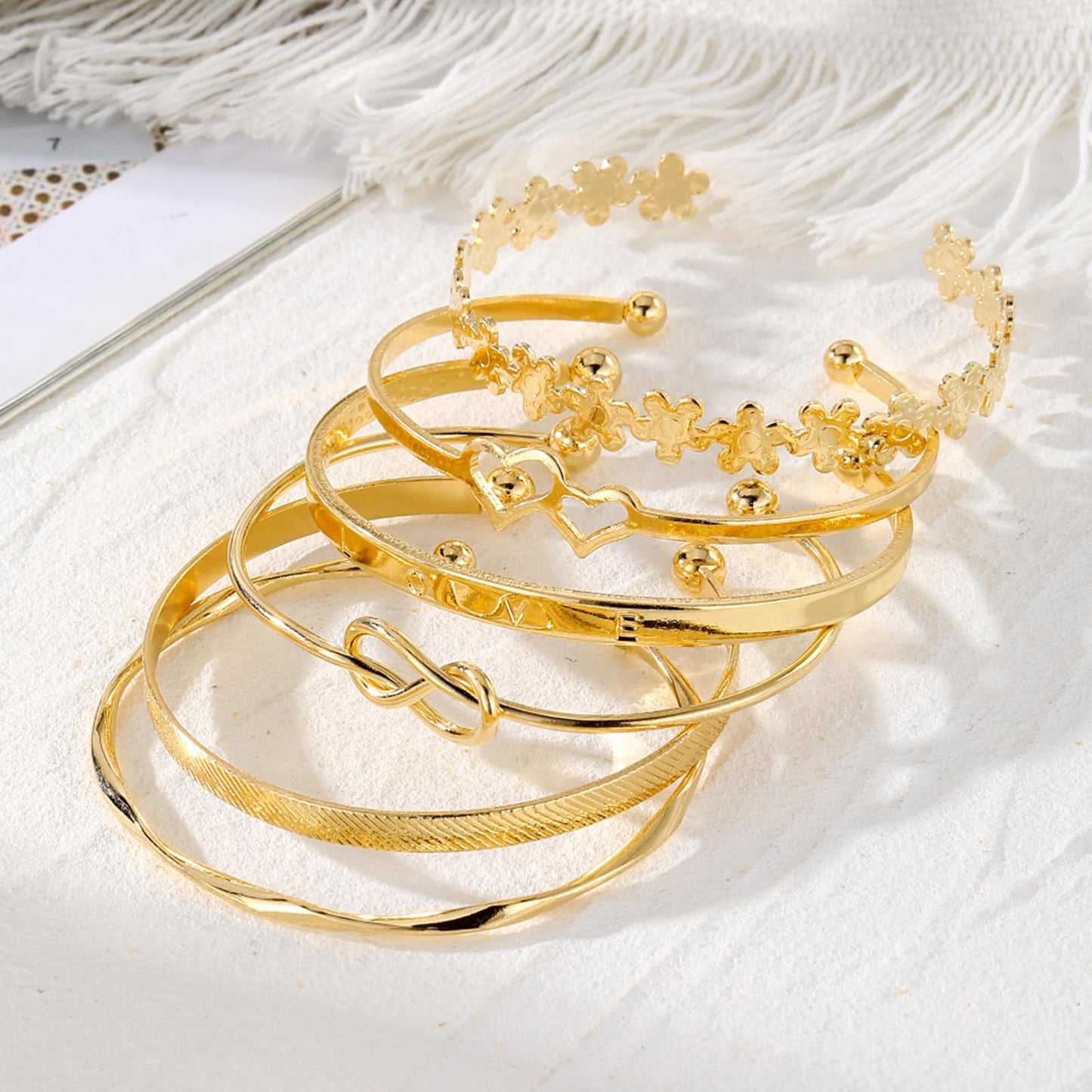 IFKM Gold Bangle Bracelets For Women, 14k Gold Plated Multi Layer Stackable Cuff Bracelet Set, Trendy Elegance Charms Non Tarnish Minimalist Textured Boho Jewelry Gift for Women (6pcs LOVE Flower)