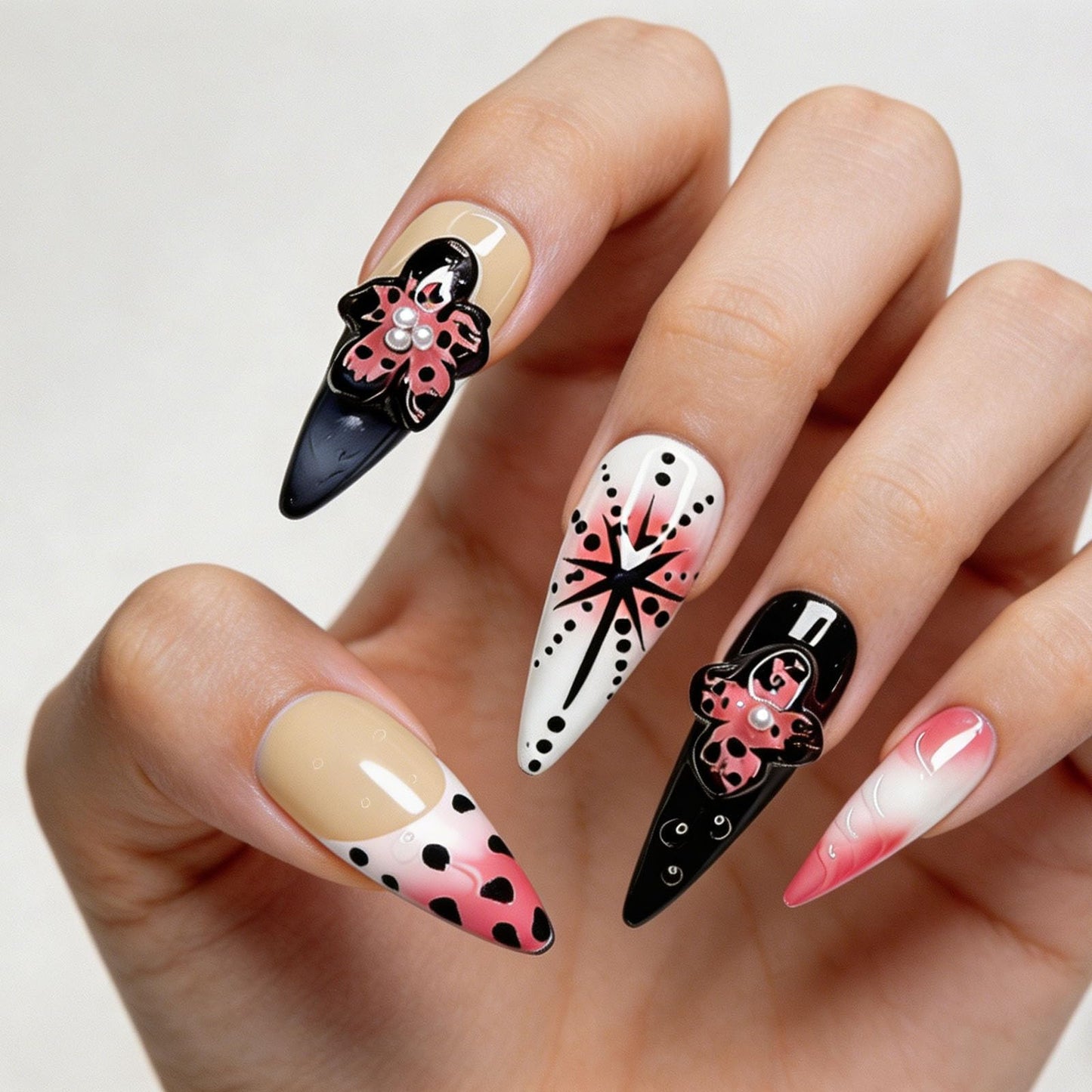 10 Pcs Handmade Press on Nails Long Stiletto Fake Nails with Design 3D Flower False Nails Leopard Print French Tip Acrylic Press Ons Nails Long Stiletto Nail Art for Women Party - Size M