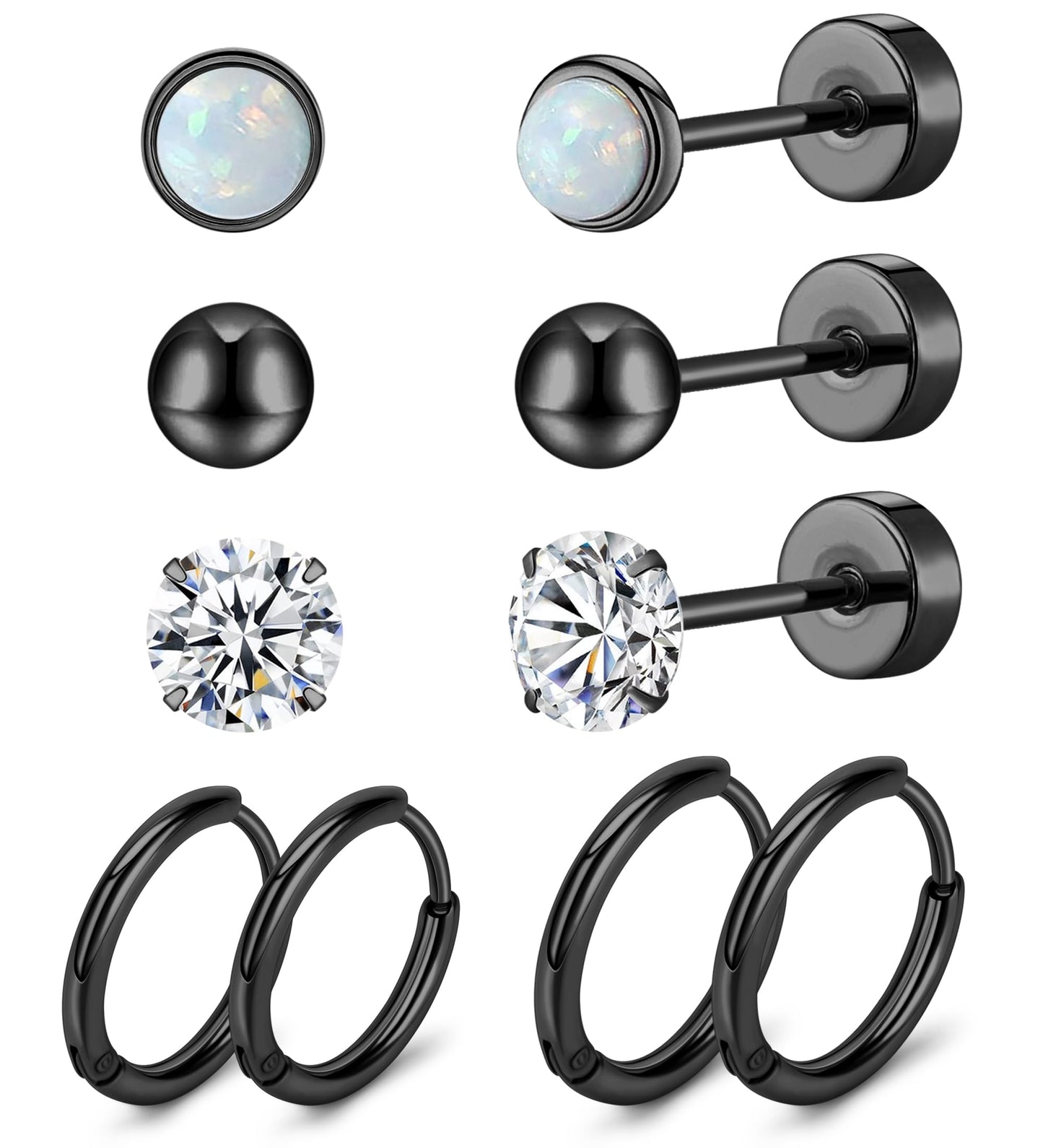 MJust Titanium Earrings for Sensitive Ears 20G Hypoallergenic Stud Hoop Earrings for Women Men Opal Ball CZ Heart Pearl Flat Back Earrings Cartilage Earrings Set