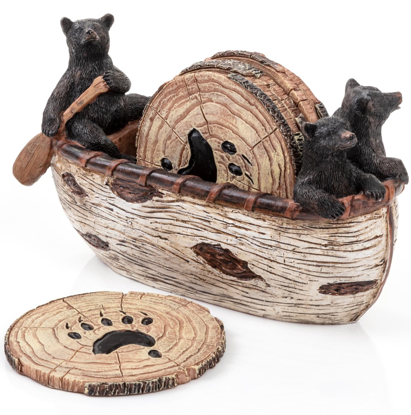 Cabin Obsession Bear Coasters - Set of 6 Full Size Rustic Coasters in Handmade Canoe with Adorable Black Bear Figurines - Log Cabin Decorations, Rustic Lodge Decor for The Home