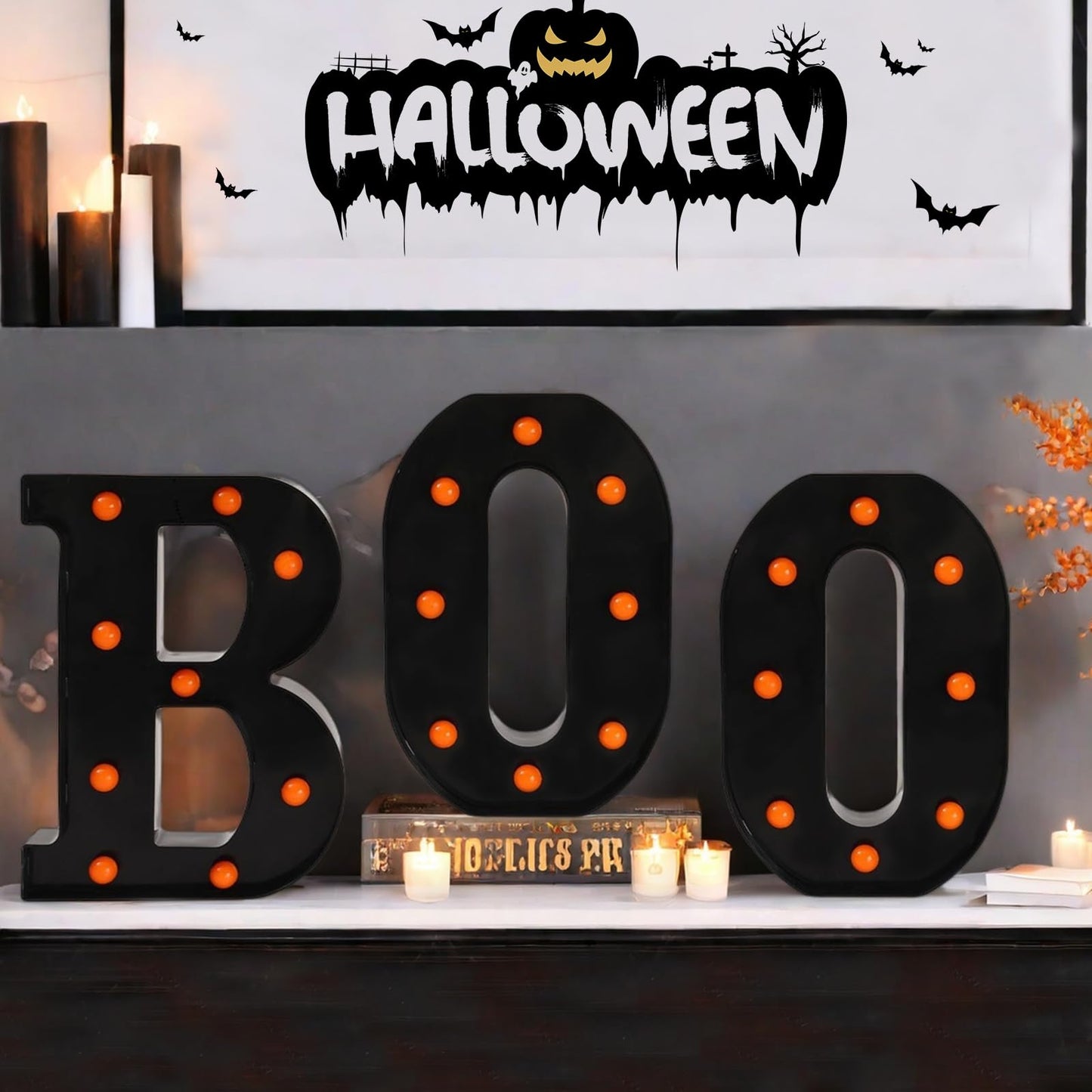 Halloween Decorations - 8.6" Large "BOO" Marquee Light Up Letters Light Up Sign Halloween Decor Indoor for Kitchen Bedroom Fireplace Mantel Party Holiday Display