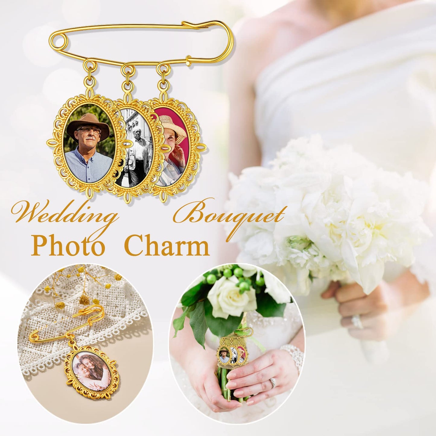 Custom4U Wedding Charms for Bouquet Custom 3 Picutres Customized Photo Pins Oval Shaped Memory Charm Funeral Boutonniere