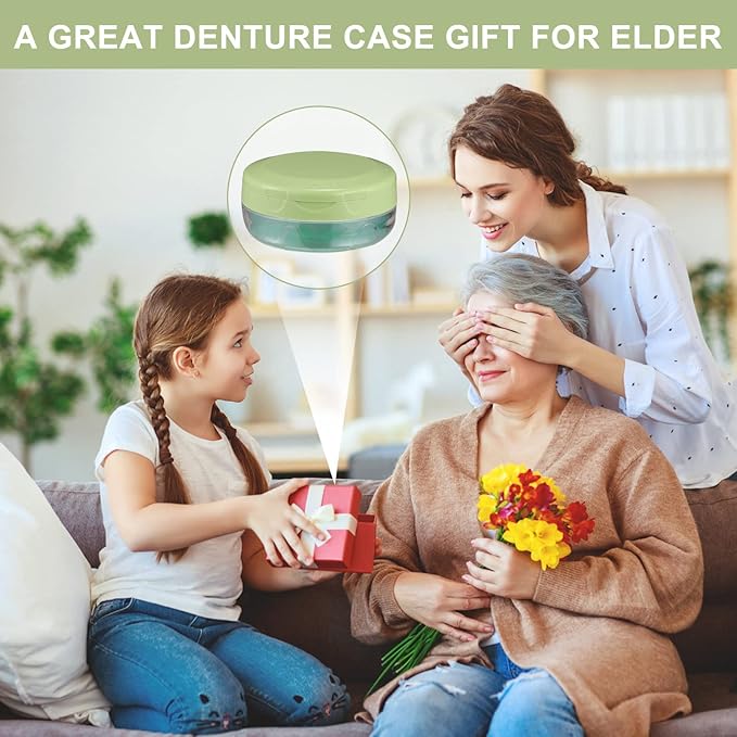 Denture Case, Leak Proof Denture Bath Case Cup Kit for Travel Cleaning, Denture Holder Box Bath Soaking Container for Women & Men with Mirror, Strainer, Removal Tool and Denture Brush(Green)