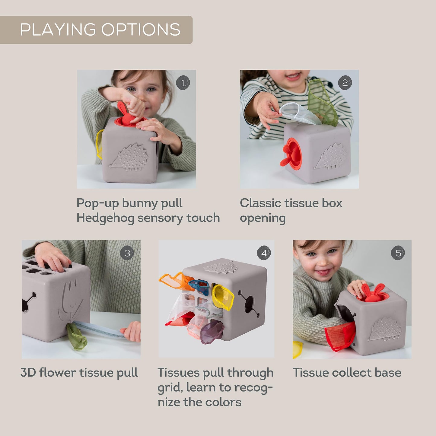 Taf Toys Baby Tissue Box Toy Silicone Baby Toys 6-12 Months Montessori Toys Sensory Activity & 10 Tissues for Fine Motor Development Soft Interactive Silicone Learning Cube for 1 Year Old Toddlers