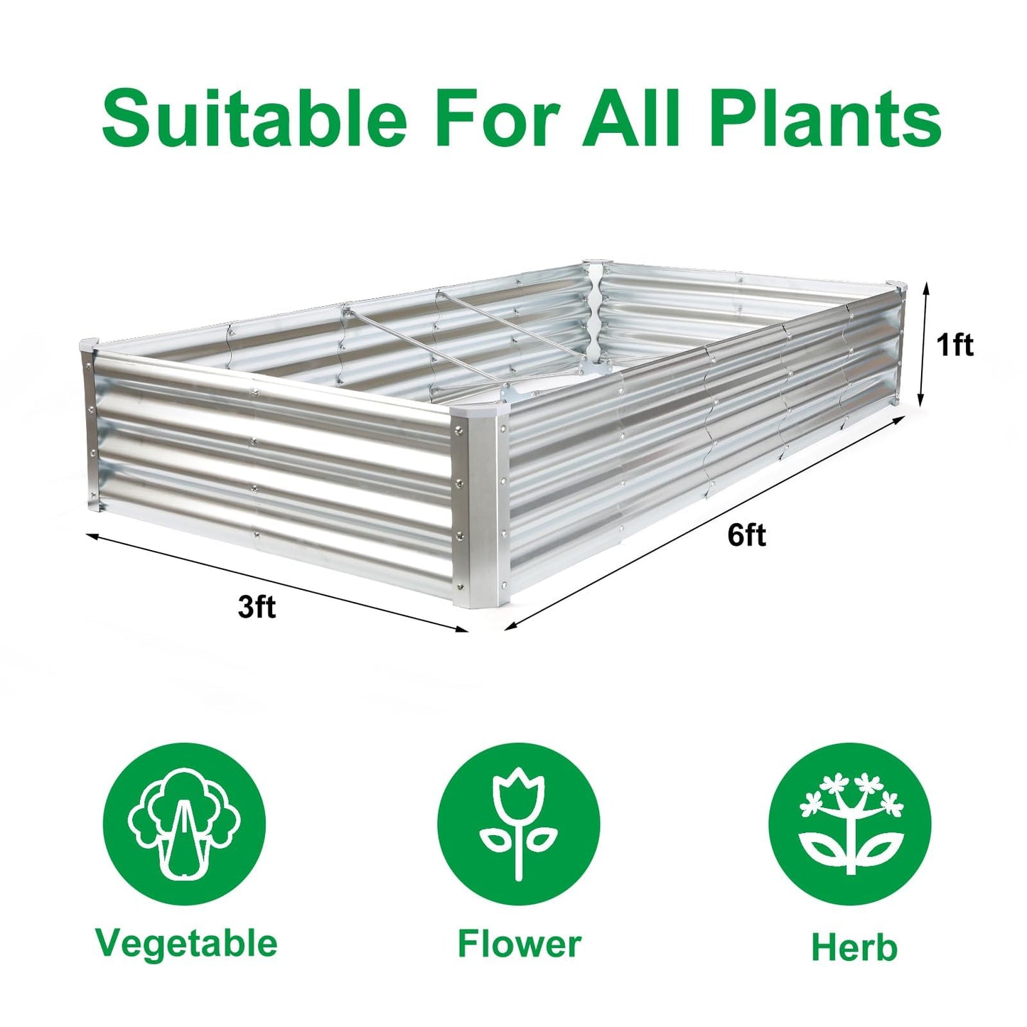 JERIA 6×3×1ft Raised Garden Bed with Support Rods,Galvanized Raised Garden Bed Kit Outdoor Metal Gardening Planter Box for Vegetable, Fruits, Flower
