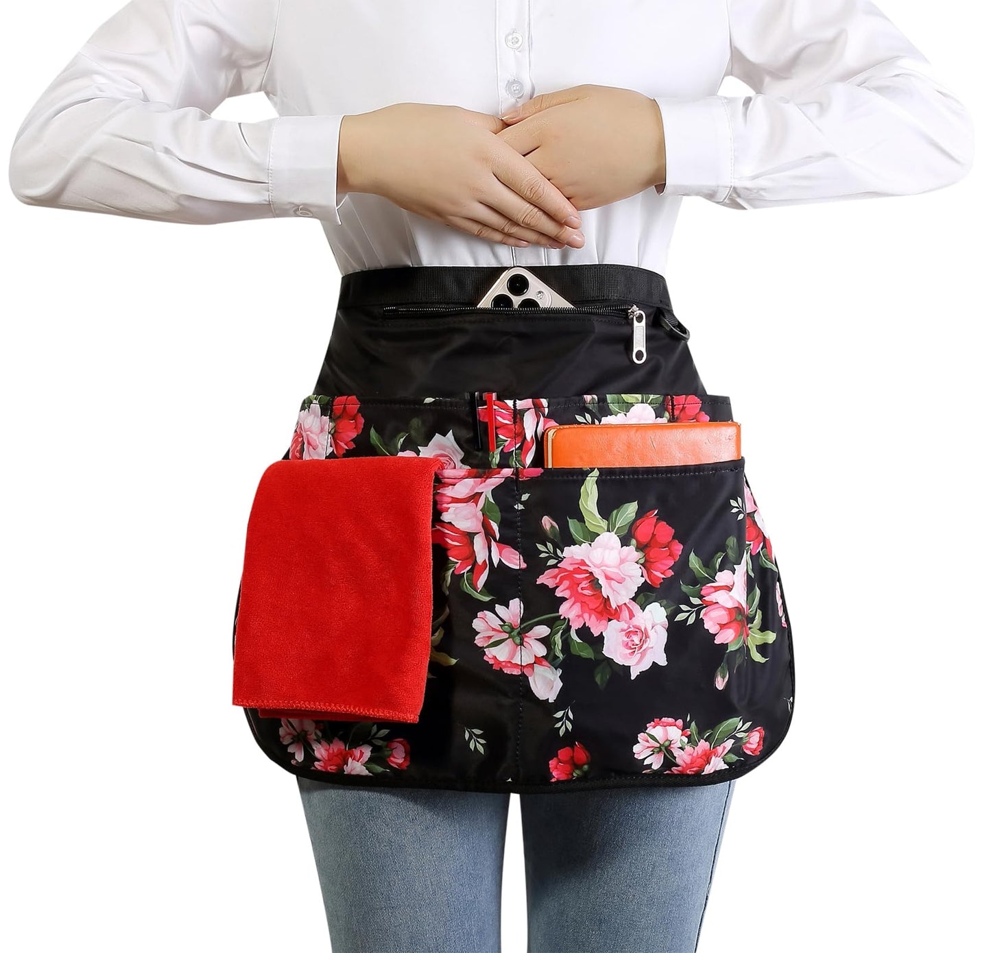 Bafelia Waterproof Server Apron for Women with 7 Pockets,Quickly Put on and Take off Waitress Aprons,Peony Work Apron for Bartender Barista