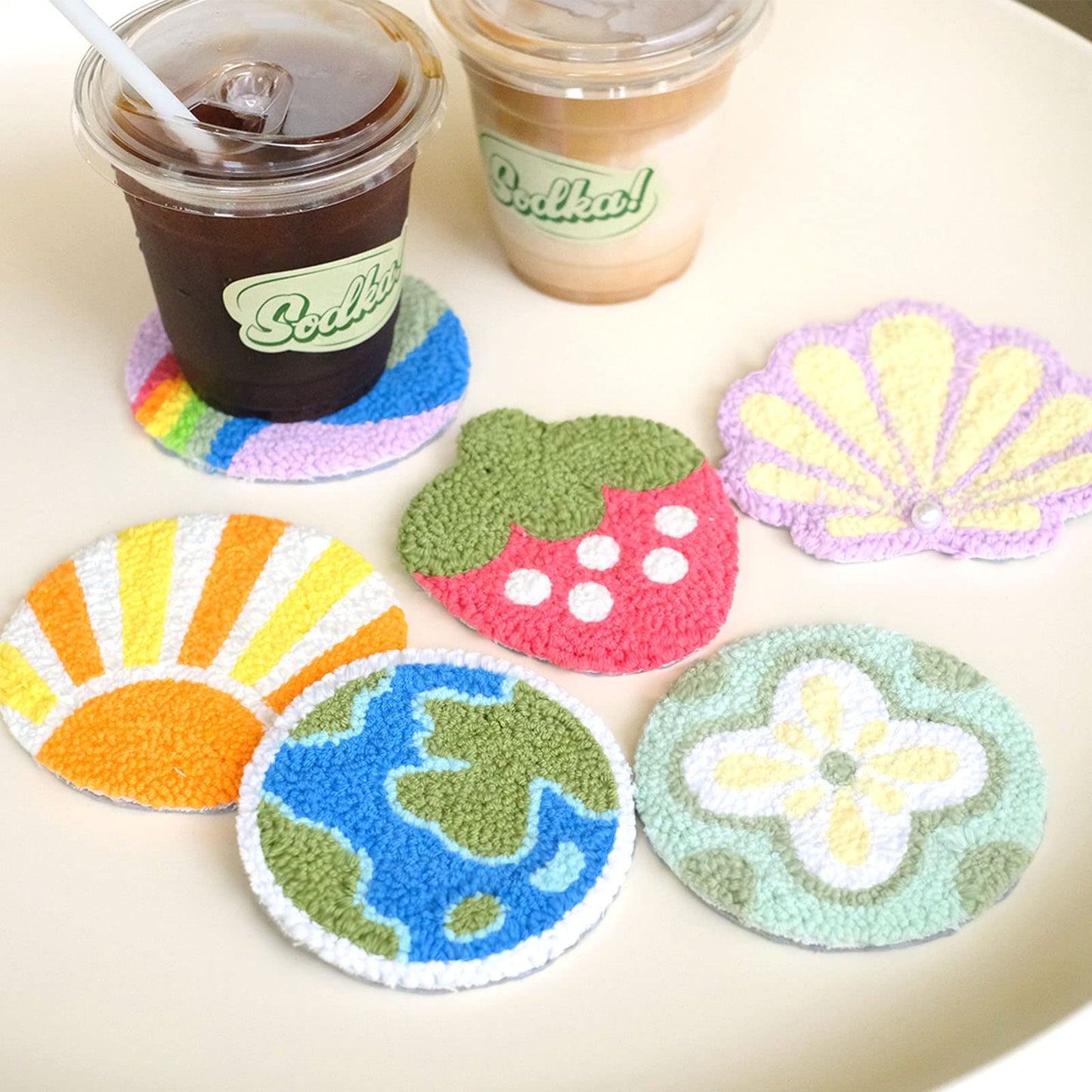 HAND U JOURNEY Craft Punch Needle Coasters Kit - 6 Patterns with Adhesive Felt, Yarns, Embroidery Hoop - Perfect for Adults, Beginners, and Starter with Instructions