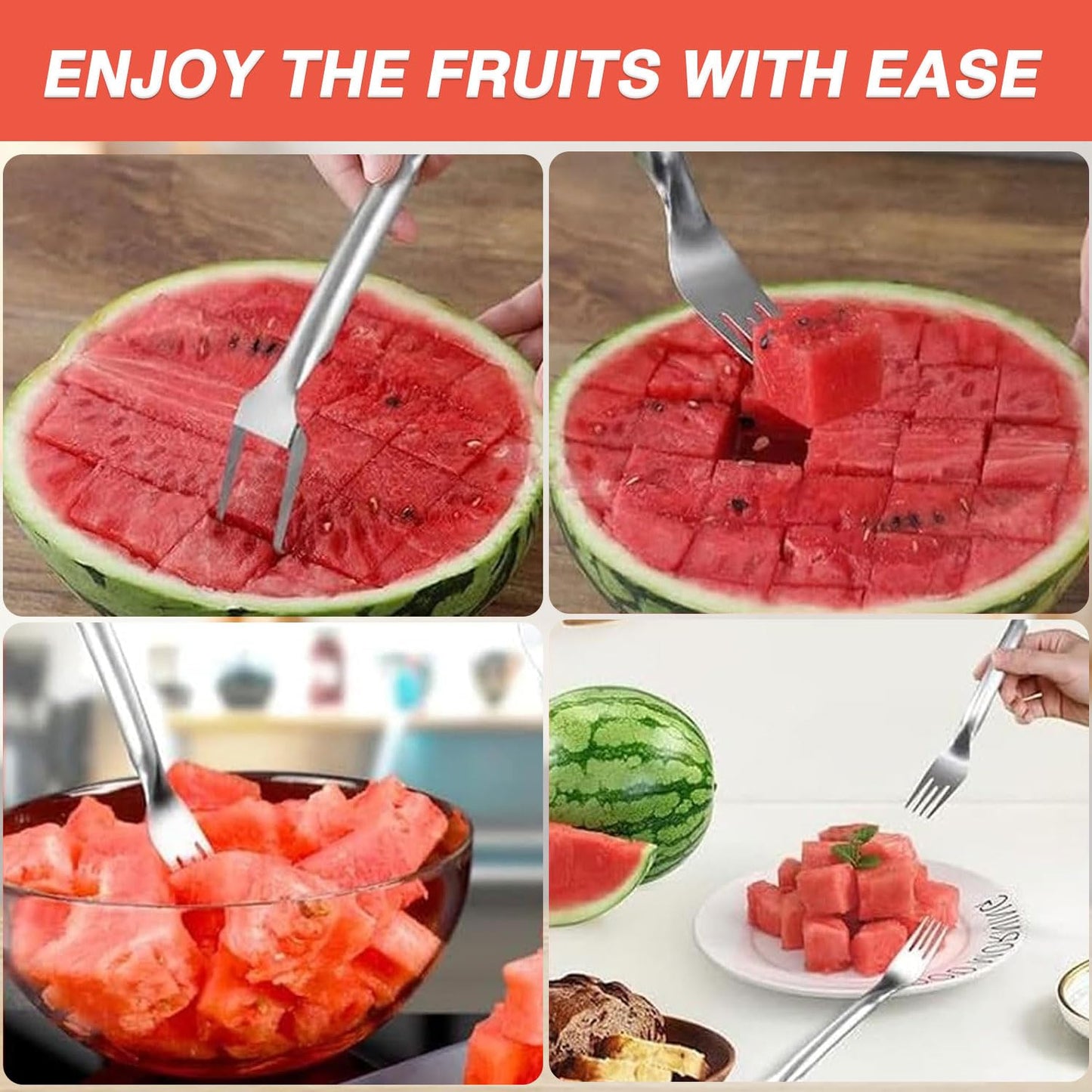 Watermelon Cutter Slicer Fruit Tool - 2-in-1 Stainless Steel Watermelon Cube Cutter, 2026 New Upgrade Dual Head Watermelon Fork Slicer Tool, Summer Fruit Cutting Kitchen Gadget for Home (2PCS)