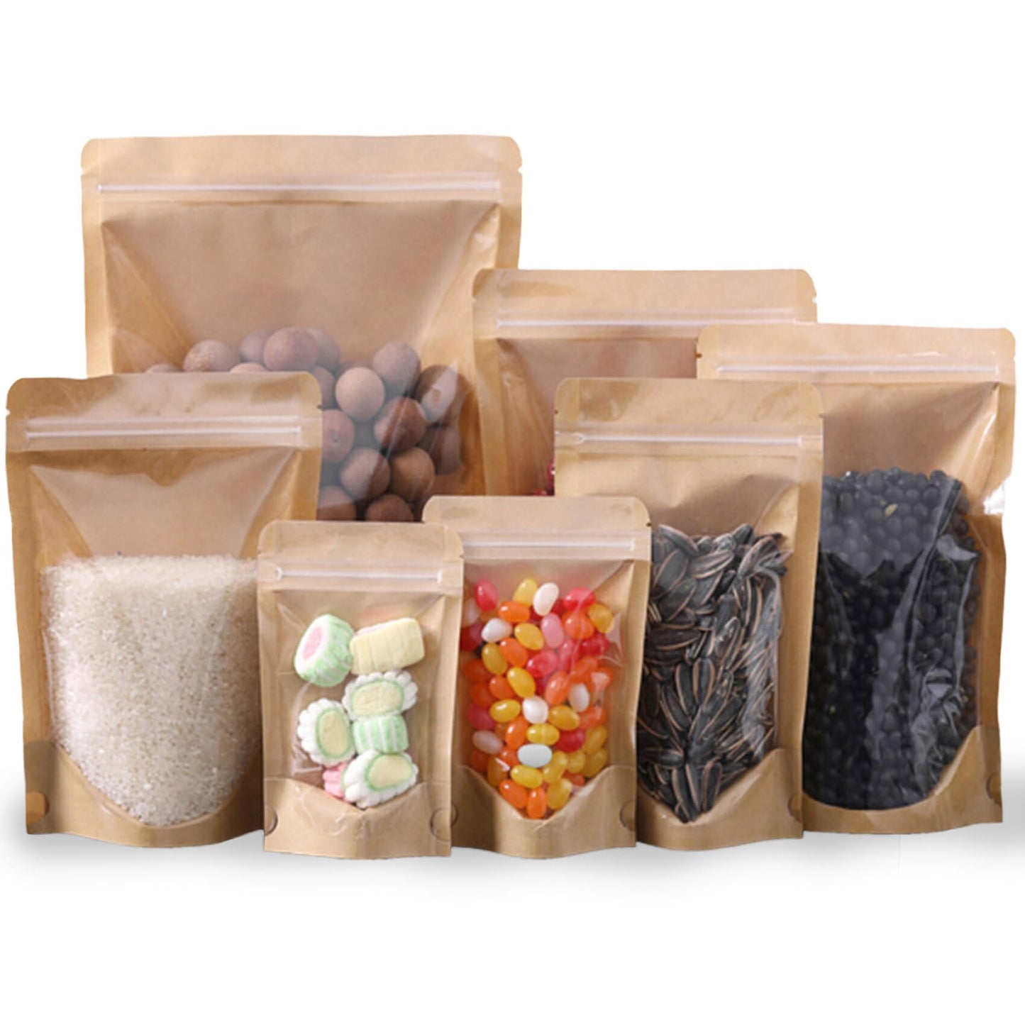100 Pack Kraft Resealable Bags with Clear Front Stand Up Brown Kraft Bags with Window Transparent Bulk Pouches Ziplock Paper Bags 3.5"x5.5"