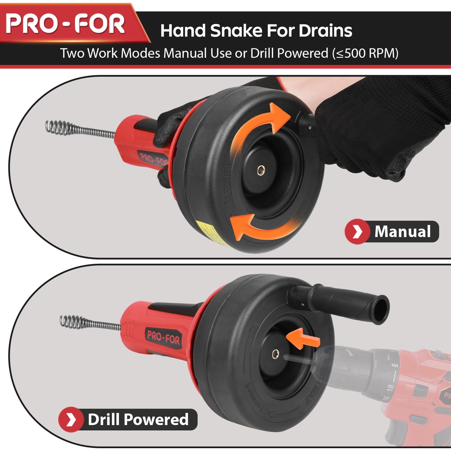 PRO-FOR Drain Auger, 16.4FT Plumbing Snake Drain Clog Remover, Manual & Drill Powered Drain Snake for 0.75–2 Inch Pipes, Sink, Shower, Bathtub, Toilet, Kitchen Drain Cleaner Tool with Steel Cable