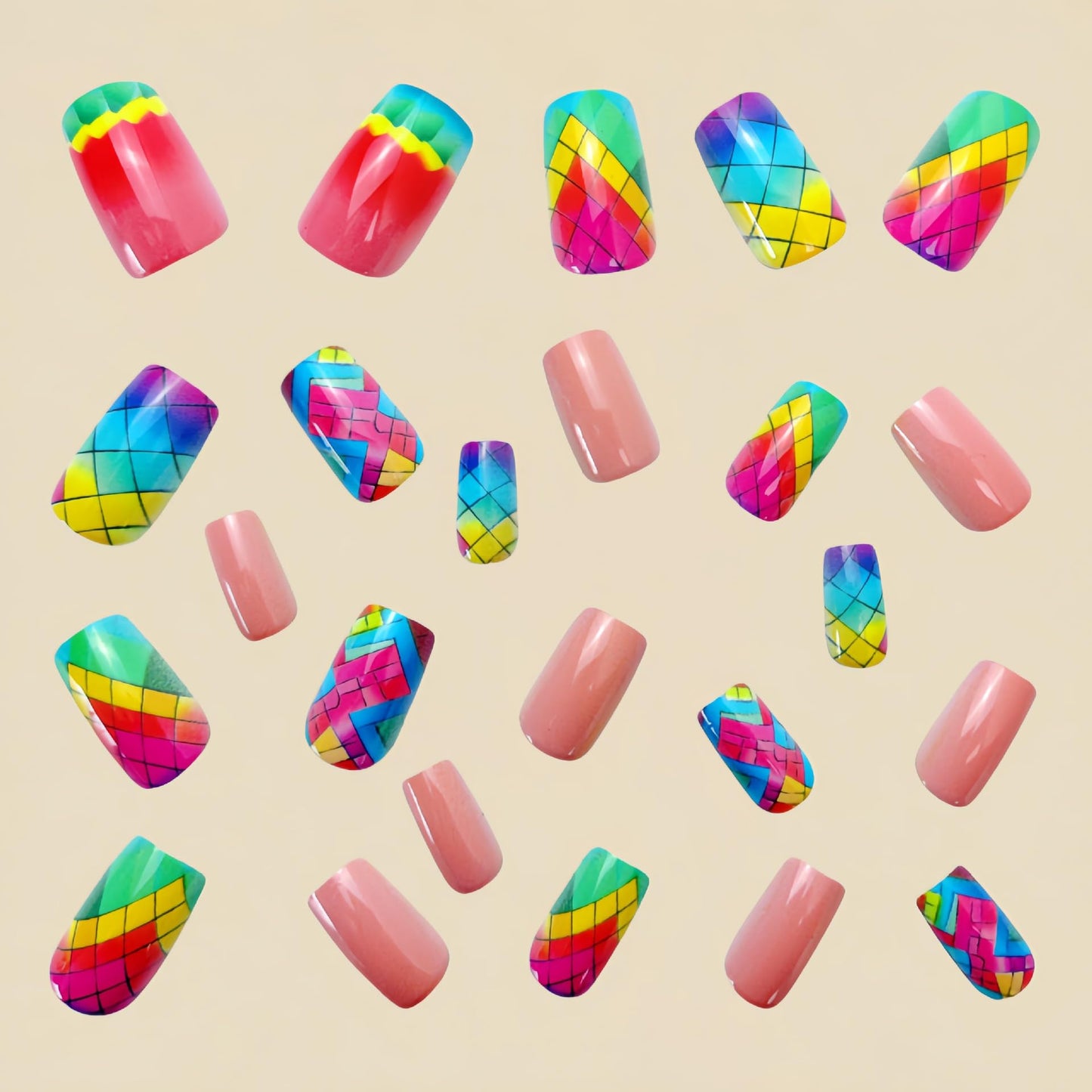 Square Press on Nails Colorful Rhombus Plaid Design Fake Nails Medium False Nails Glossy Acrylic Nails Cute Press on Nails Reusable Stick on Nails for Women Spring Summer Nails 24Pcs