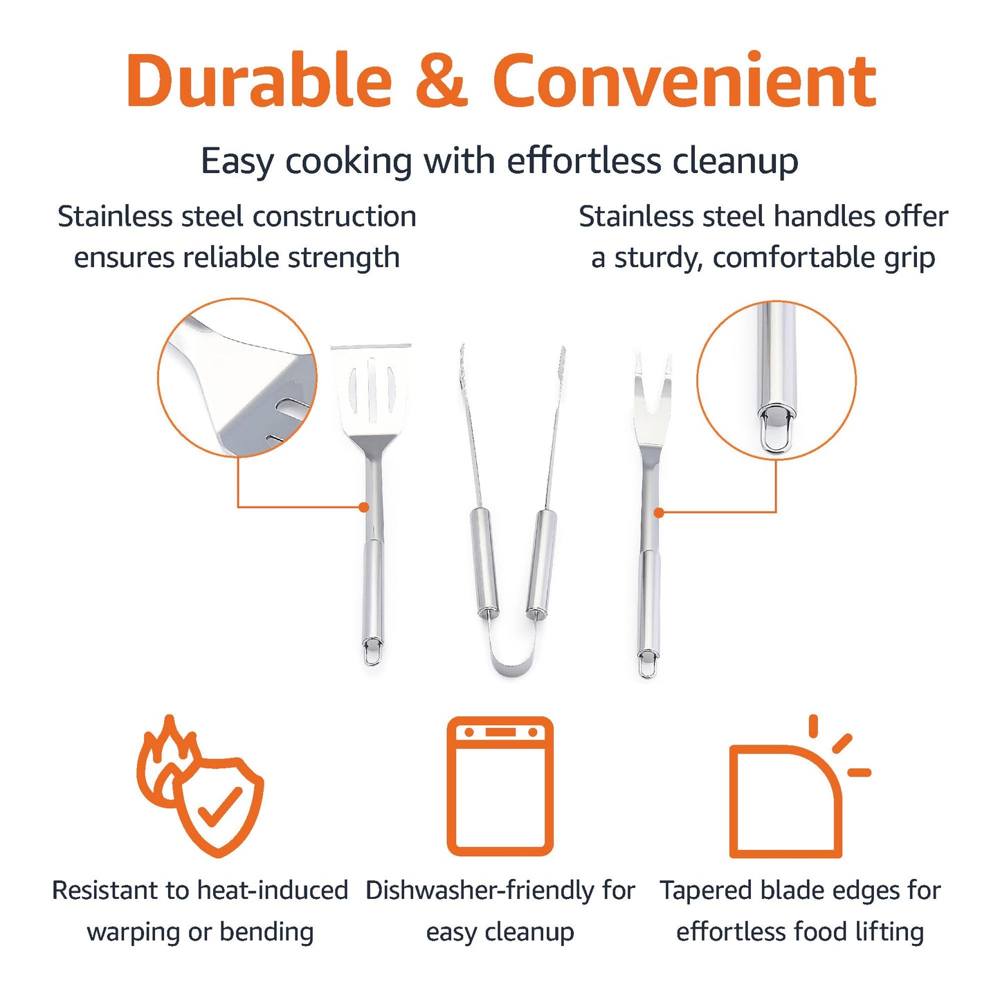 Amazon Basics 4-Piece Stainless Steel BBQ Grilling Tool Set with Carry Bag, Rust-Resistant, Dishwasher Safe