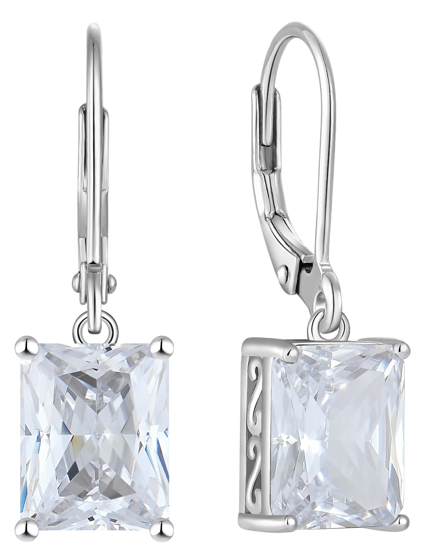 YL Solitaire Dangle Drop Earrings 925 Sterling Silver Leverback Earrings 8X10MM Square Cubic Zirconia Jewelry