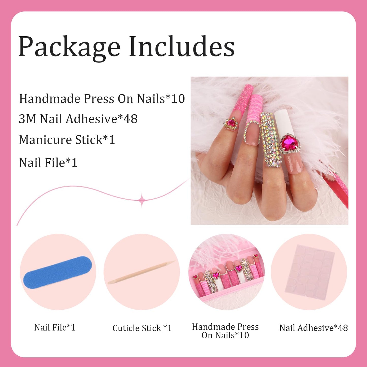 Handmade Long Acrylic Nail Tips, Pink Press on Nails with Full Covered Crystals, Fake Luxury Diamond Nails, Long Square False Nails, Gifts for Women, Reusable Stick On Nails 10Pcs,Light pink Size L