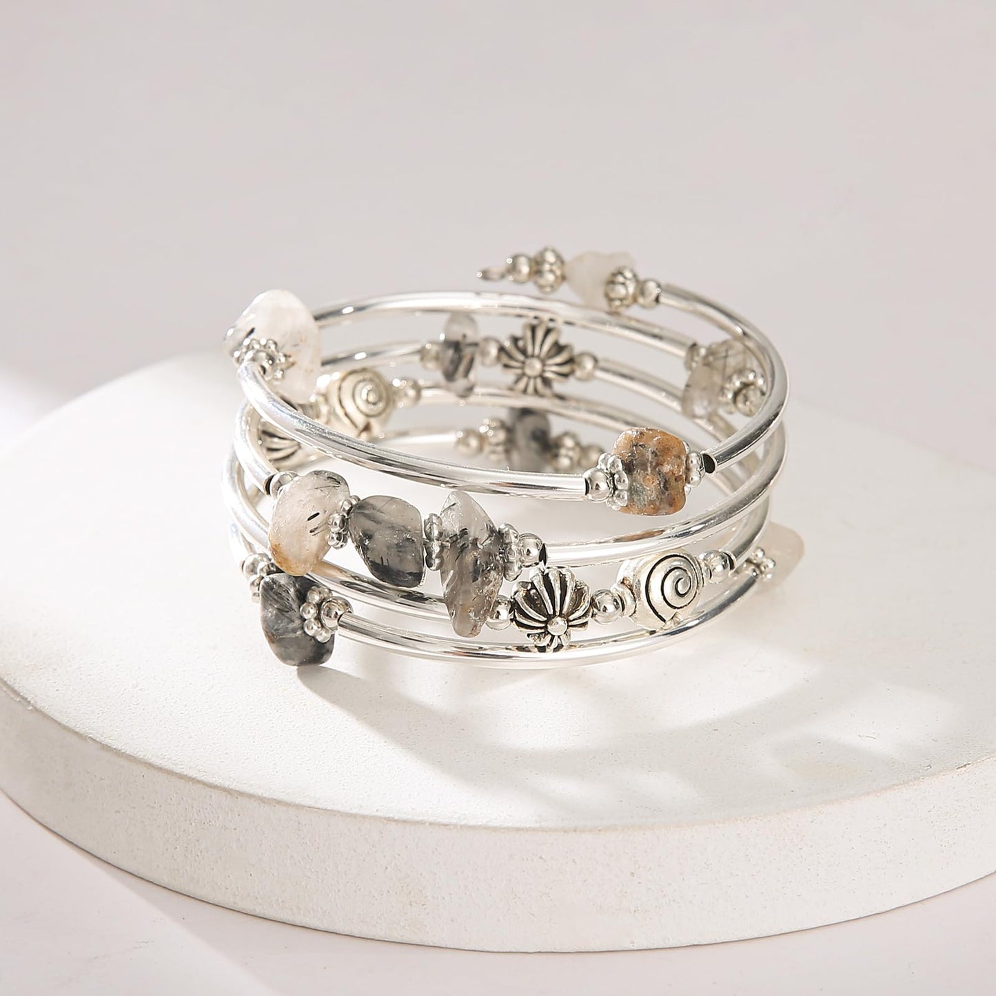FULU AUTUMN Stone Silver Bangle Wrap Bracelet Boho Turquoise Crystal Chips Bead Bracelets Fashion Jewelry Birthday Gifts for Women(19-Grey)