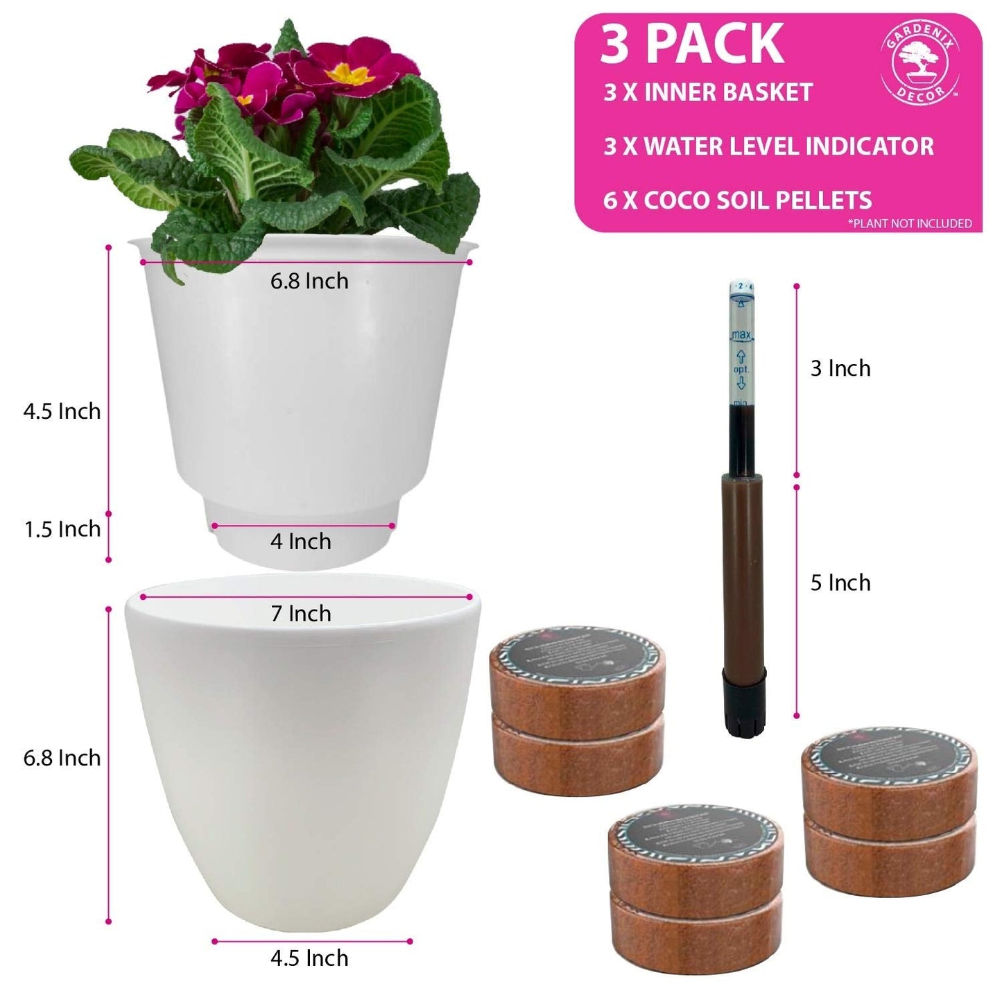 GARDENIX DECOR Self Watering Pots for Indoor Plants 3 Pack - Flower Pot with Water Level Indicator for Plants, Grow Tracking Tool - Self Watering Planter Plant Pot - Coco Coir - White