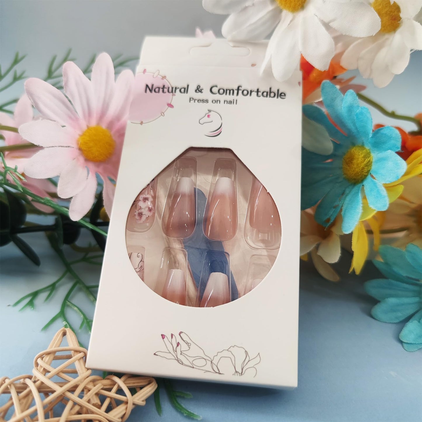 24Pcs Flower Press on Nails White Gradient Acrylic Full Cover Fake Nails Plum Blossom Gel Glue on Fingernails Glossy Pink Ombre Medium Coffin False Nail Curve Stick on Nail for Holiday Manicure Art