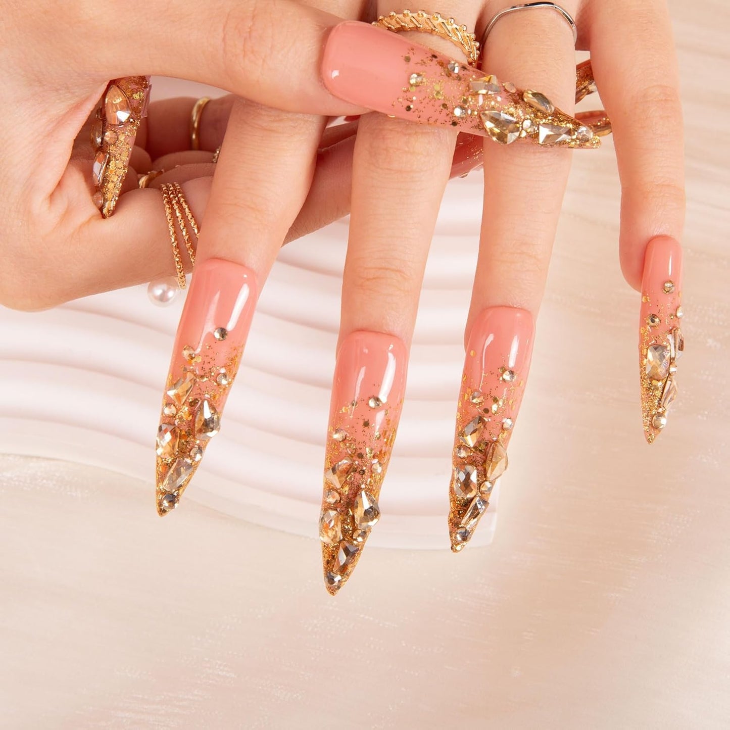 LOVFUL Reusable Press on Nails | Stardust Gold Rhinestone | Salon Quality Sustainable Style Handmade with Full Covered Crystals | Stiletto Long 2.2 in | H84-L