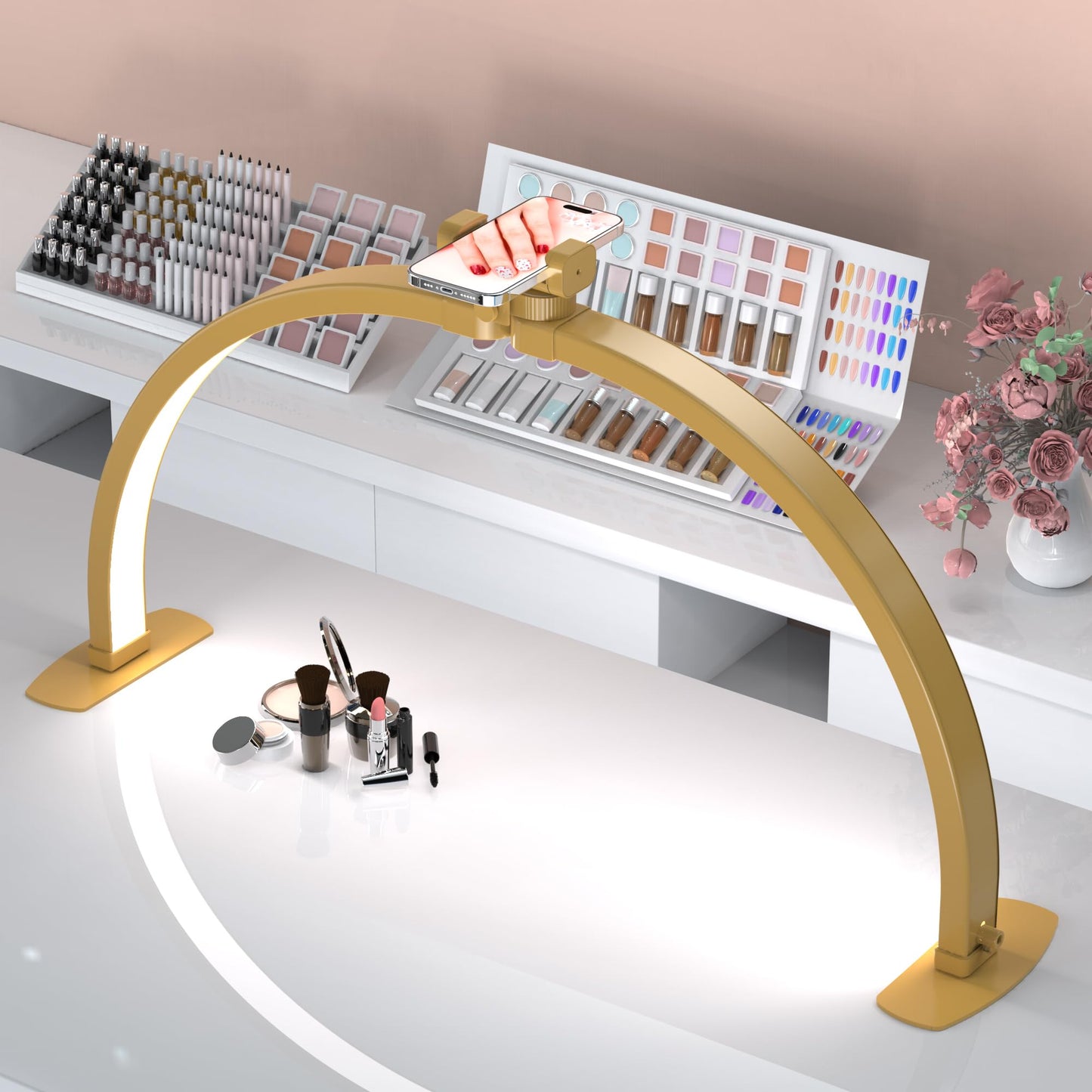 SLYFTE Premium Large Half Moon LED Light for Nail Tech, Foldable Arch Light for Nail Desk Lamp with Phone Stand Perfect for Manicure Handicraft Lighting (Golden, Large)