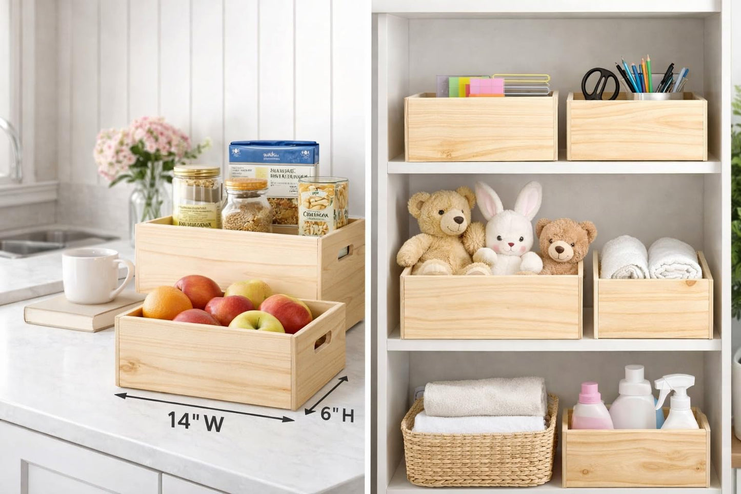 Oojami Unfinished Wooden Crates 4 Pack for Storage & Display Nesting Wood Boxes with Handles, Organizer Bins for Crafts, Decor, Farmhouse, Kitchen, Pantry - Pine