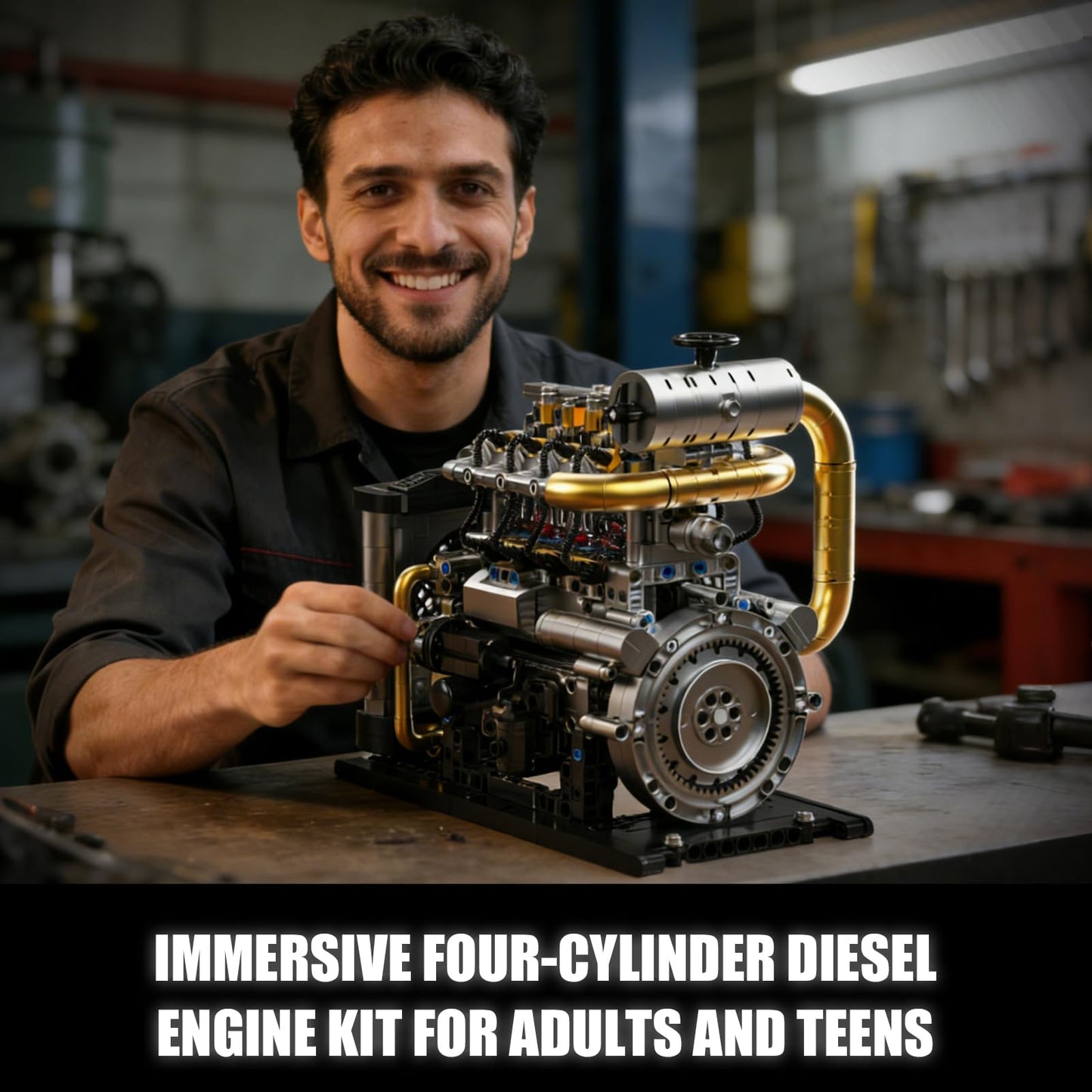 BseSparklion Diesel Engine Model Kit that Runs for Adults, MOC Mini Inline 4-Cylinder Diesel Engine Building Set with Motor, Compatible with Lego, Mechanical Engineering STEM Toy for Teens (1029 PCS)