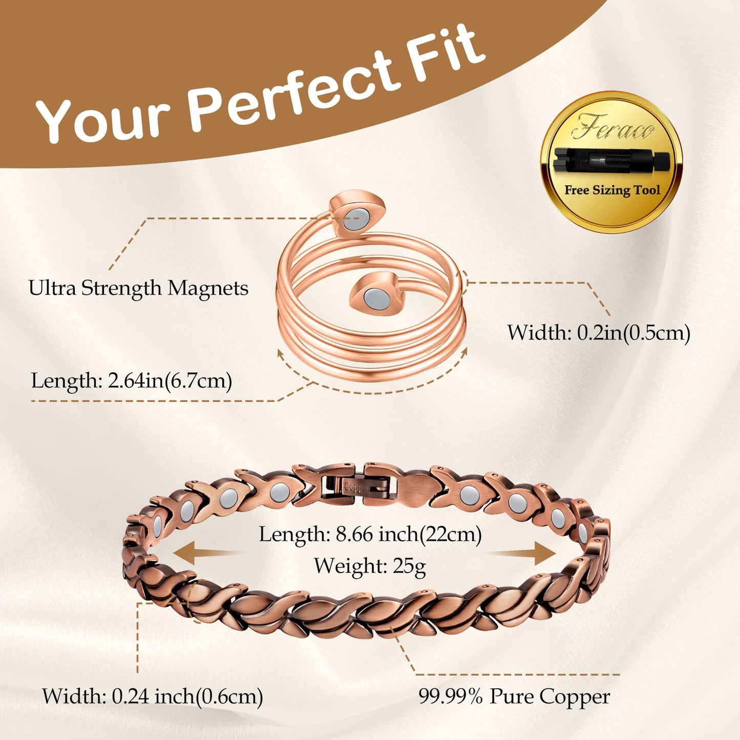 Feraco Copper Bracelets & Rings for Women, Ultra Strength Magnetic Bracelet with 3500 Gauss Neodymium Magnets, 99.99% Pure Copper Adjustable Jewelry Gift (Fishtail with Ring)