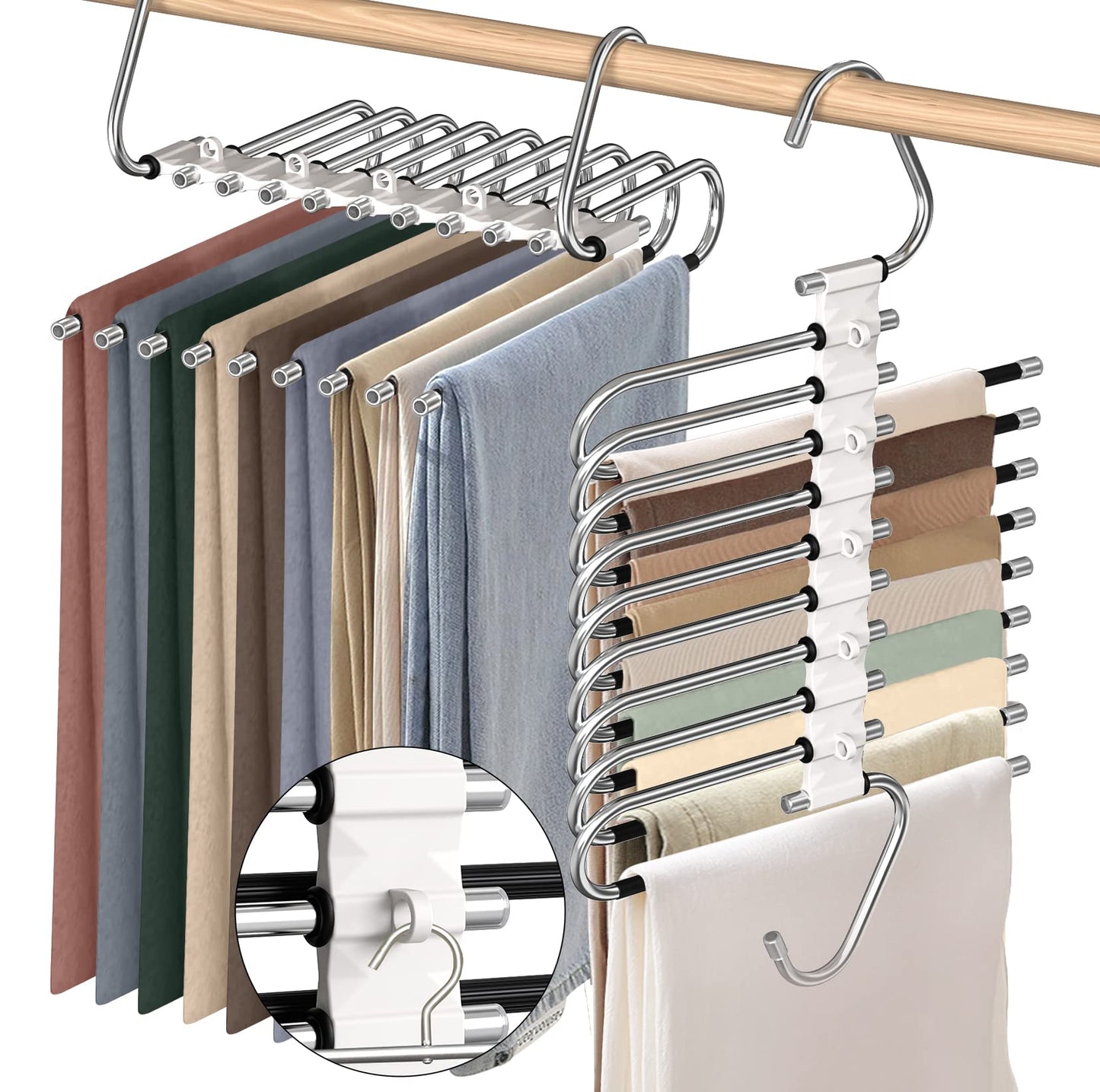 9 Layers Pants Hangers Space Saving, 2 Pack Multifunctional Pant Rack Stainless Steel Closet Organizer for Pants Jeans Leggings Trousers, Antiquewhite