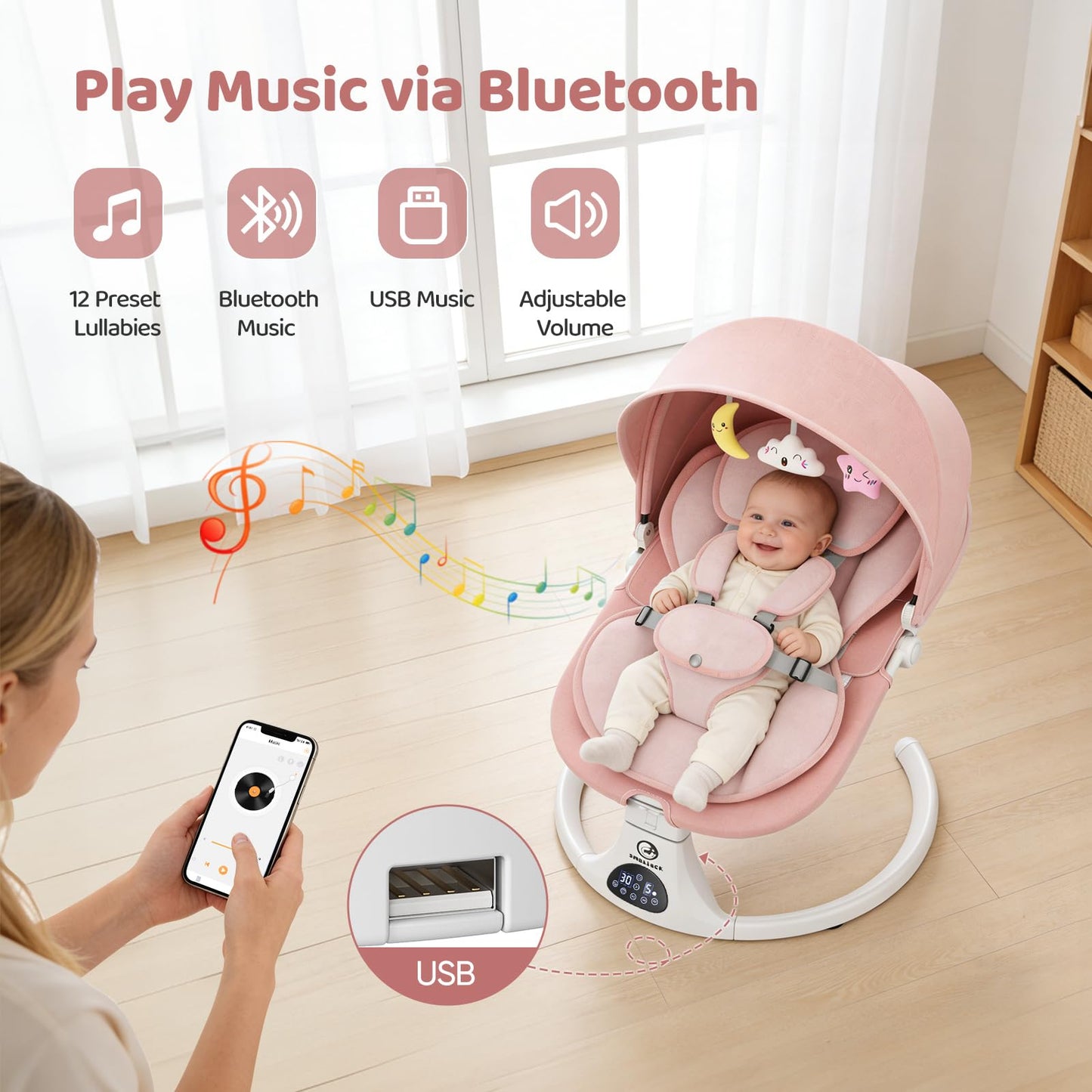 Baby Swings for Infants, Smelluck Baby Swing, Portable Electric Swing with Upgraded 3 Adjustable Backrest, 12 Preset Melodies, 5 Speeds, Remote Control and Bluetooth, Indoor and Outdoor Use