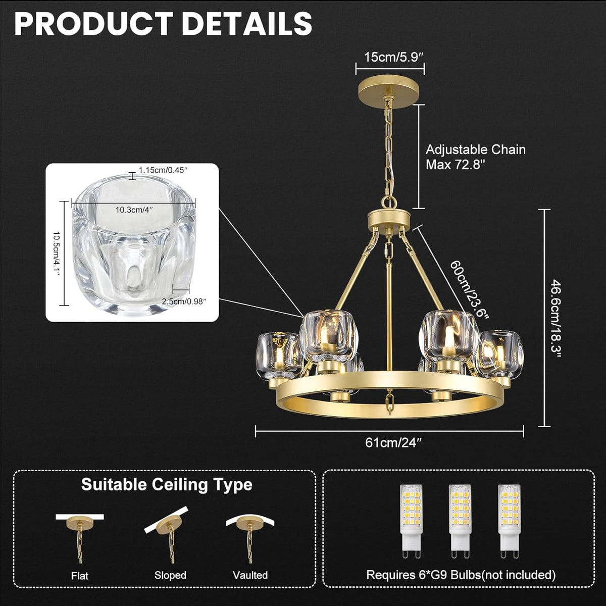 Gold Wagon Wheel Chandelier, 24 Inch Brass Chandeliers with Unique Glass Shade, 6-Light Crystal Farmhouse Wagon Wheel Chandeliers for Dining Room, Round Chandelier for Living Room, Foyer, Entryway