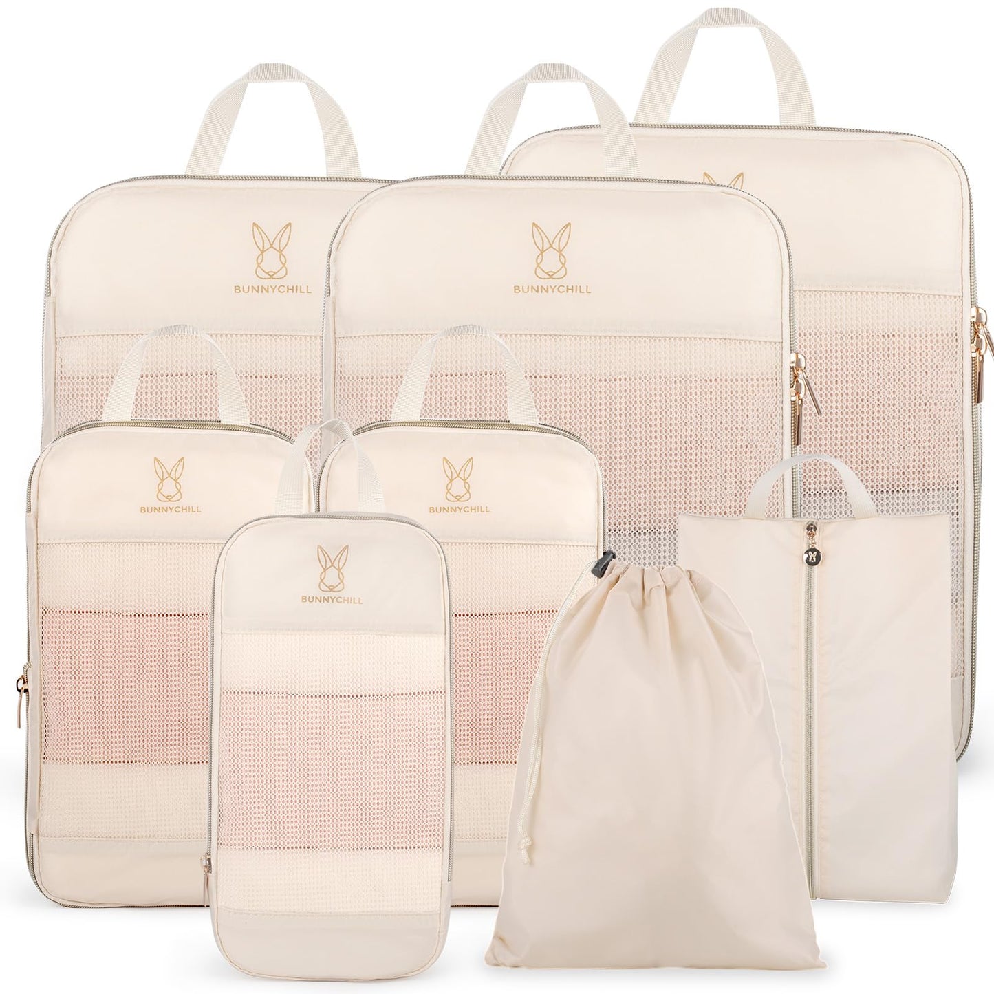 6 Set Compression Packing Cubes for Travel, Bunnychill Portable Zipper Packing Cube for Cloting, Expandable Space Saver Storage Luggage Organizer Bags for Suitcases(Beige)