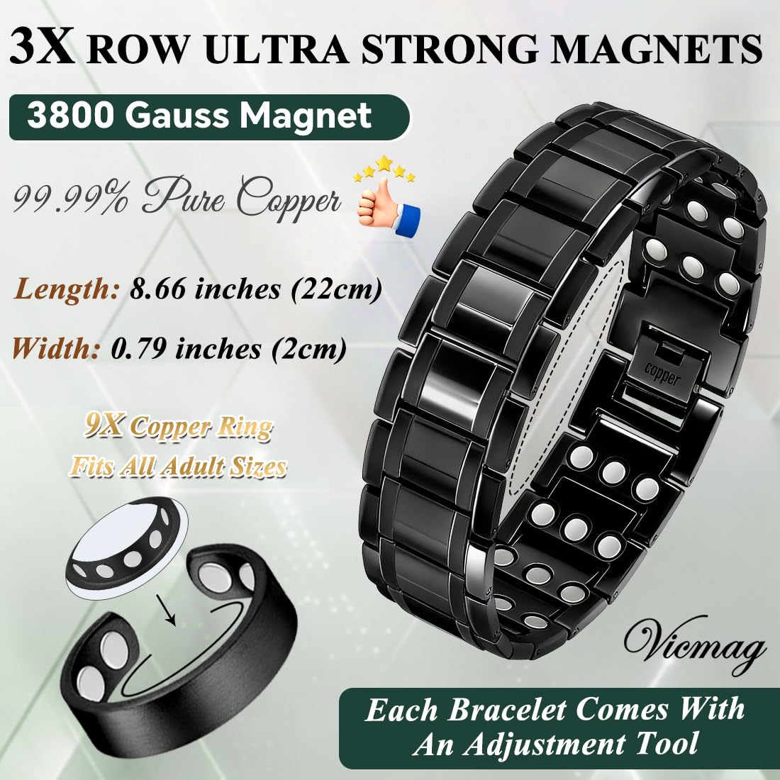 Vicmag Copper Magnetic Bracelet for Men, 3X Strength Magnets, Pure Copper Bracelet & 9X Magnet Ring Set, Adjustable Fit with Sizing Tool(Classic Black)