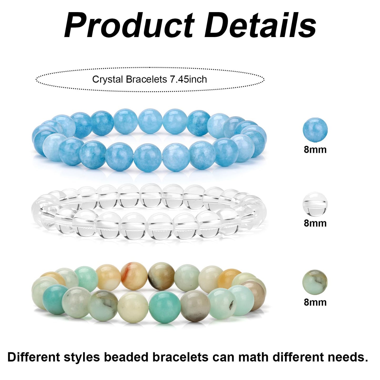 Vinswet Healing Crystal Bracelets for Women Men 8mm Angelite Amazonite Clear Quartz Natural Stone Beaded Stretch Bracelet Triple Protection Handmade Gemstone Reiki Spiritual Jewelry Gifts