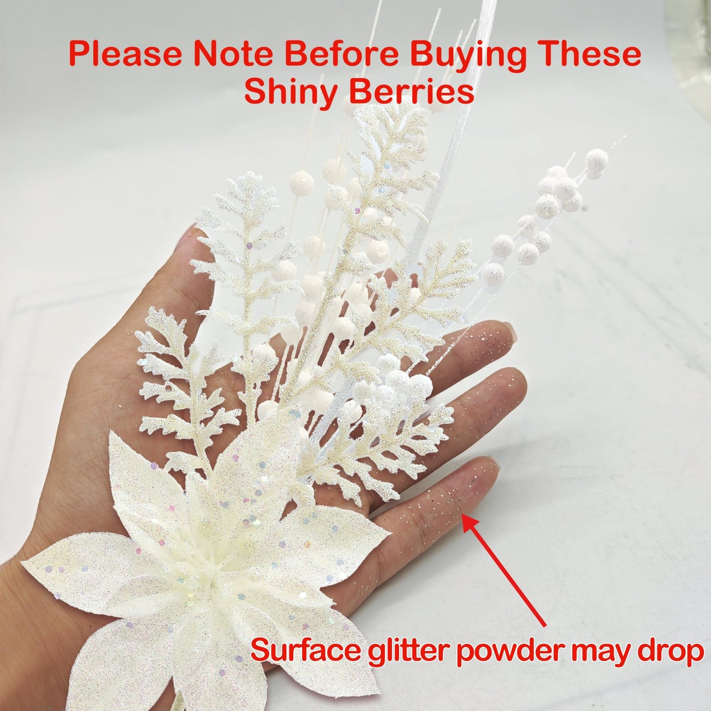 18 Pack Christmas Tree Ornaments Set, 17.5 Inch White Fake Christmas Picks Decorations with 2 Styles, Artificial Glitter Berry Stem Ornaments for Christmas Tree Wedding Small Vase Wreath Decor