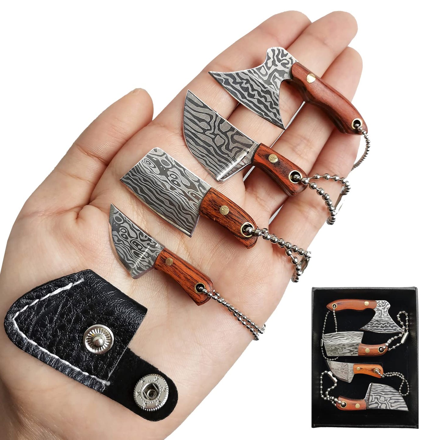 STARDW Damascus Pocket Knife Set, EDC Knife with Sheath,Mini Chef Keychain Knife Set, Tiny Things for Box Cutter Letter Opener Package Opener, Cool Gadgets EDC Tools -Set of 4