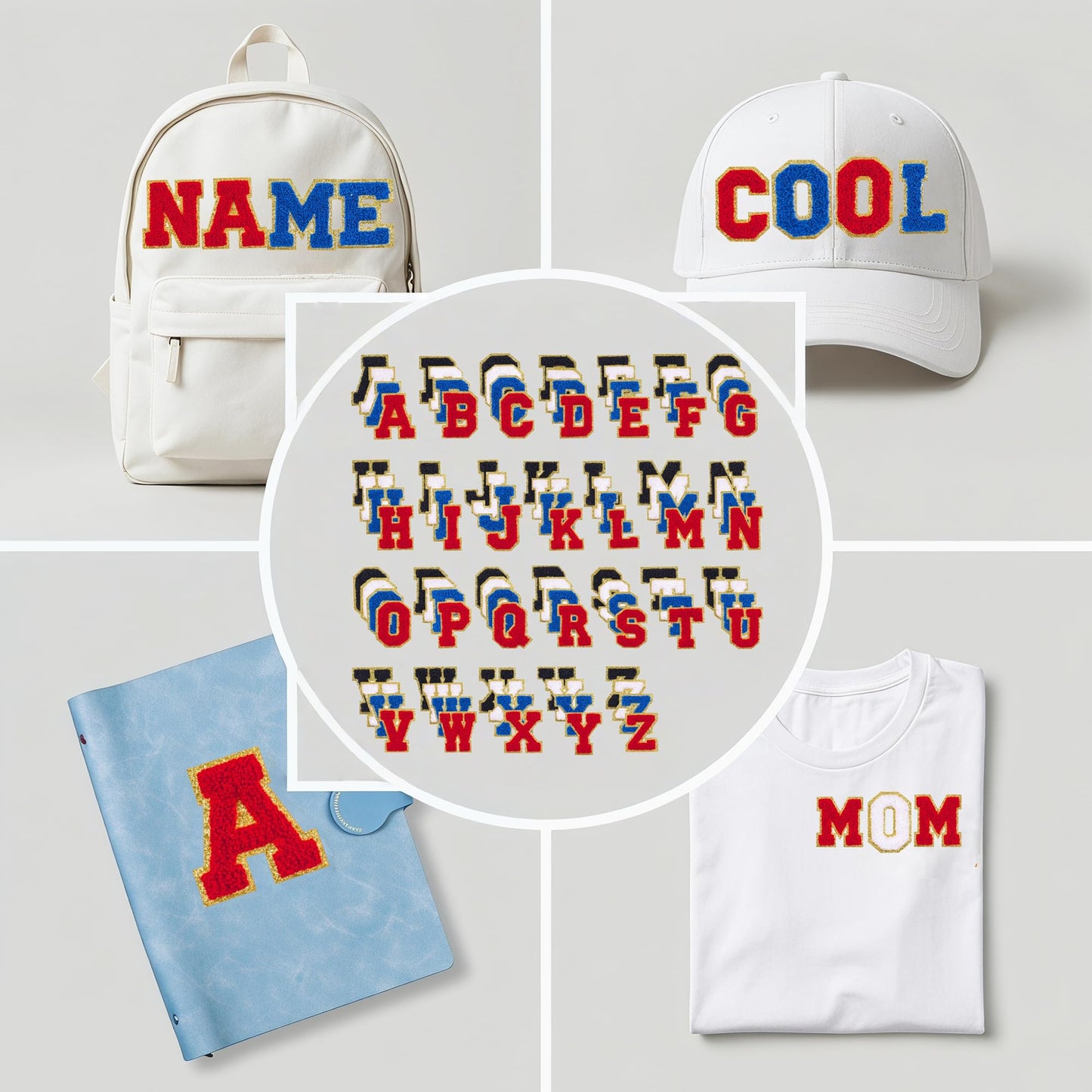 128 Pcs Varsity Letter Patches Kit - 104 Self-Adhesive Chenille Letters & 24 Iron-On Stars, Peel & Stick Fabric Patches for Clothes, Backpacks, Hats (2.17", Red, Black, Blue, White & Gold Stars)